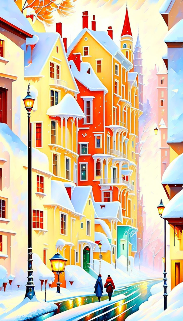 Vibrant buildings in snowy street with couple and lit lamps