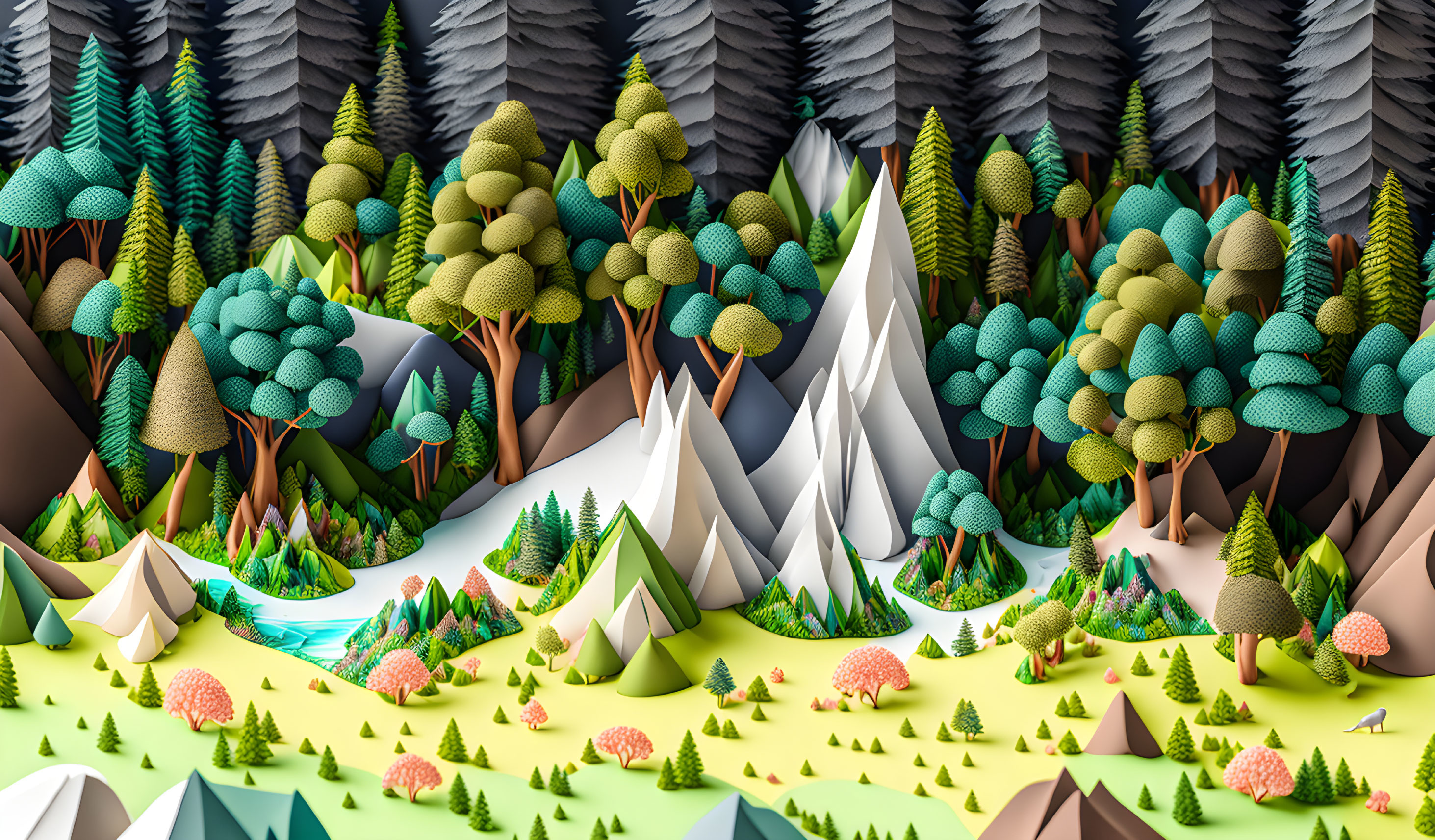 Colorful Geometric Forest Illustration with Trees, Mountains, Tents, and Stream