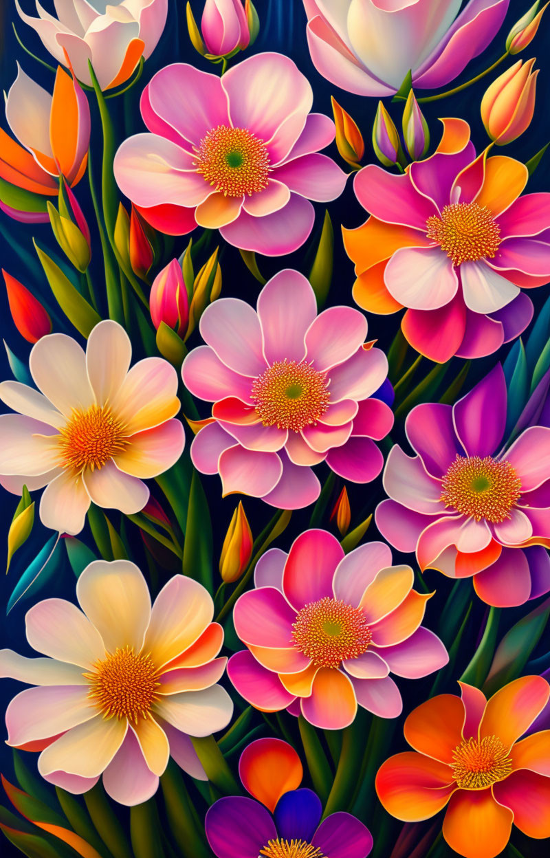 Colorful digital illustration of pink, orange, and white flowers with green stems