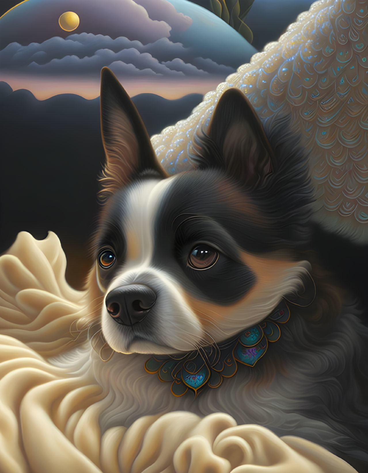 Detailed black and white dog illustration with blue collar on twilight sky backdrop