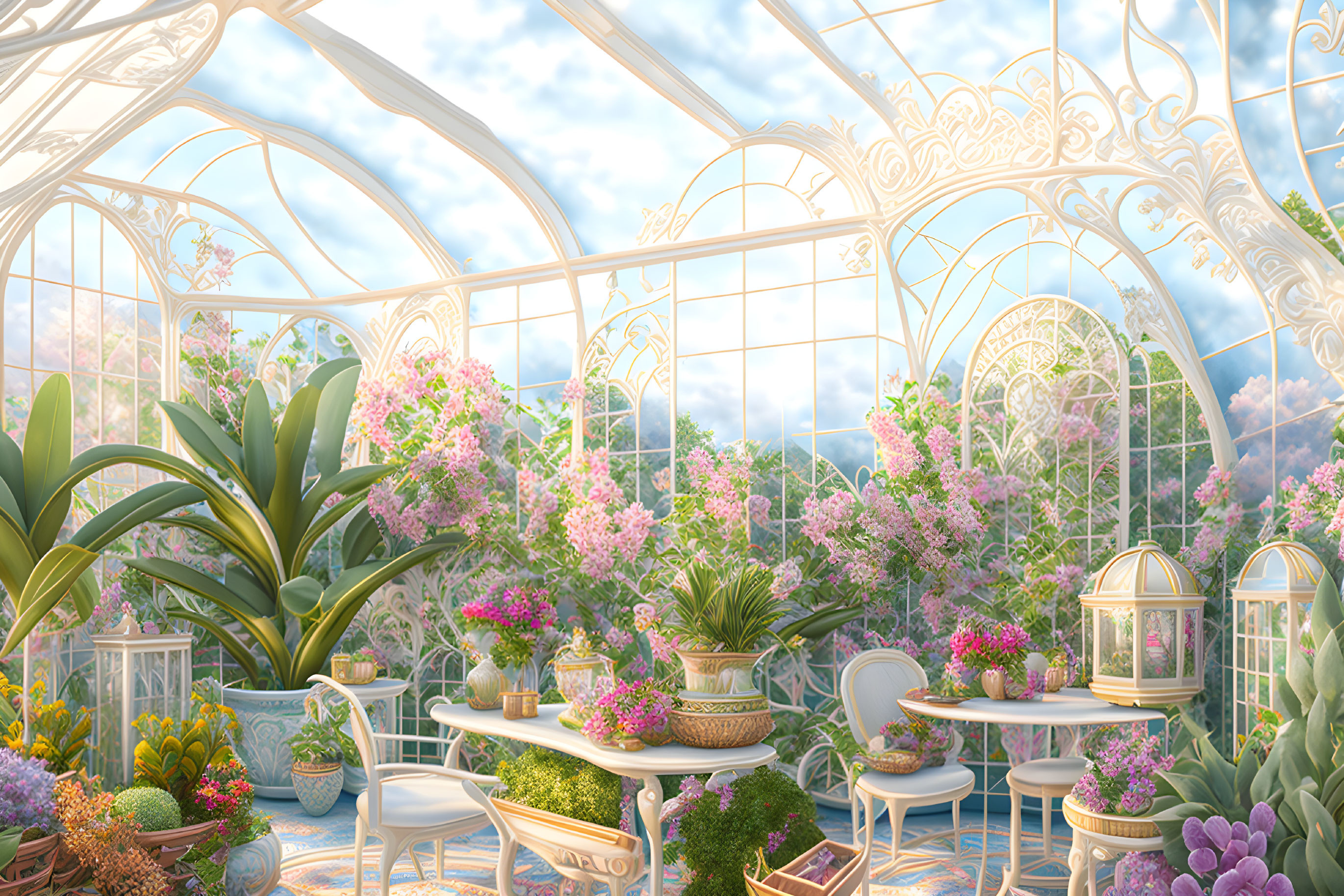 Ornate Pink Flower Greenhouse with Elegant White Furniture