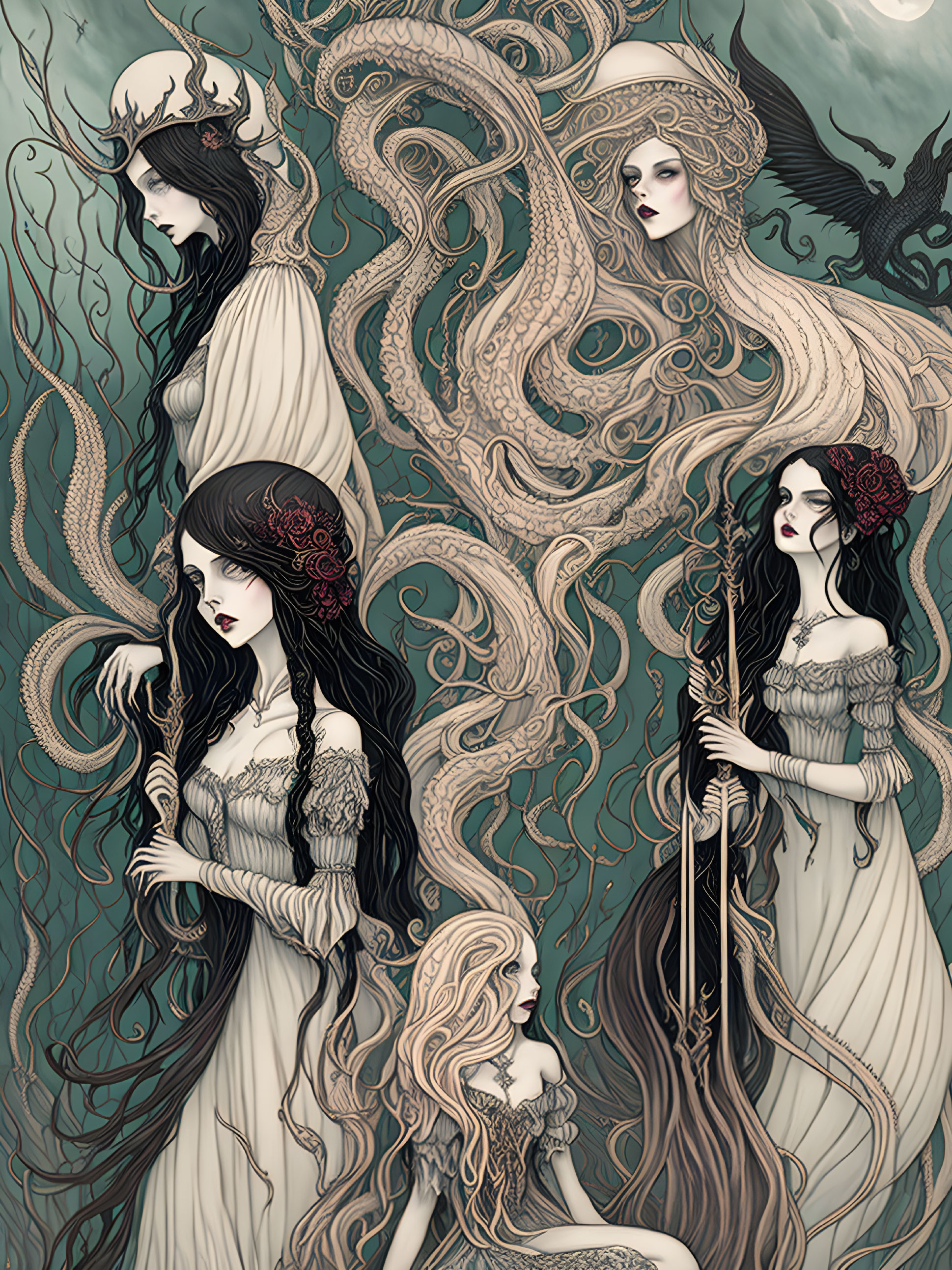 Four ethereal women in flowing attire among intricate floral and tentacle motifs in a haunting arboreal setting