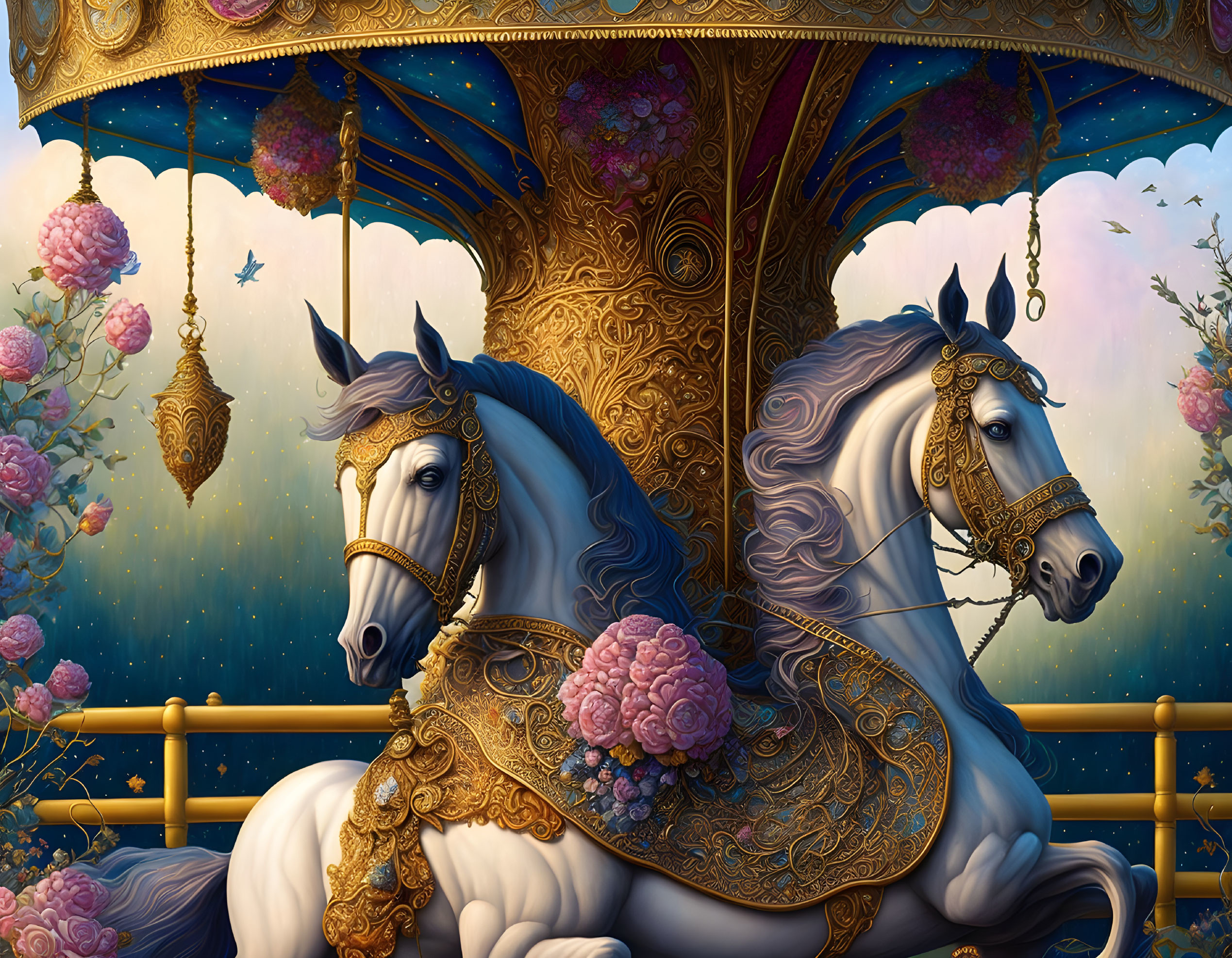 Ornate White Horses Under Golden Carousel Canopy