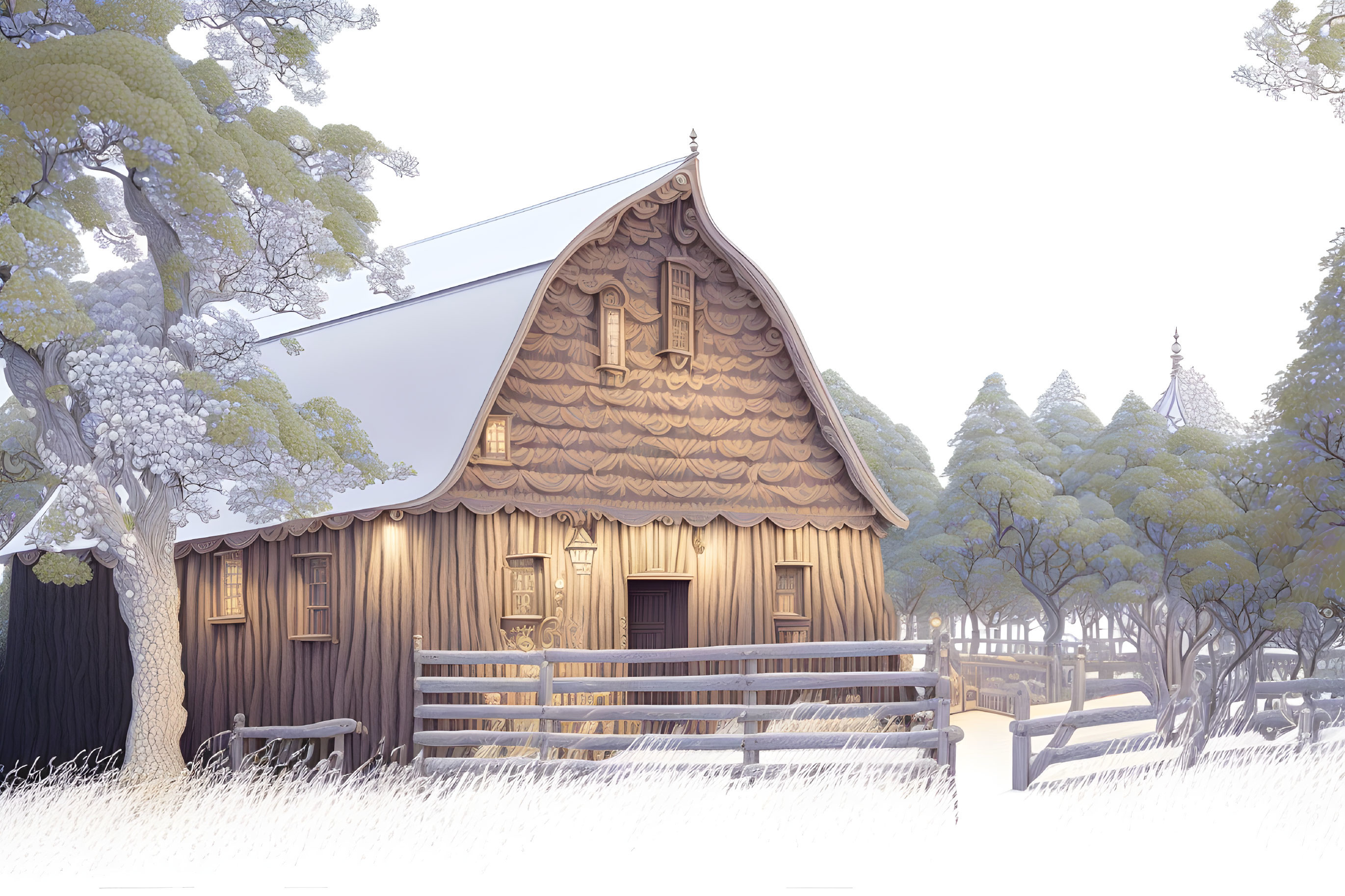 Snowy Landscape with Wooden Cabin and Frosted Trees