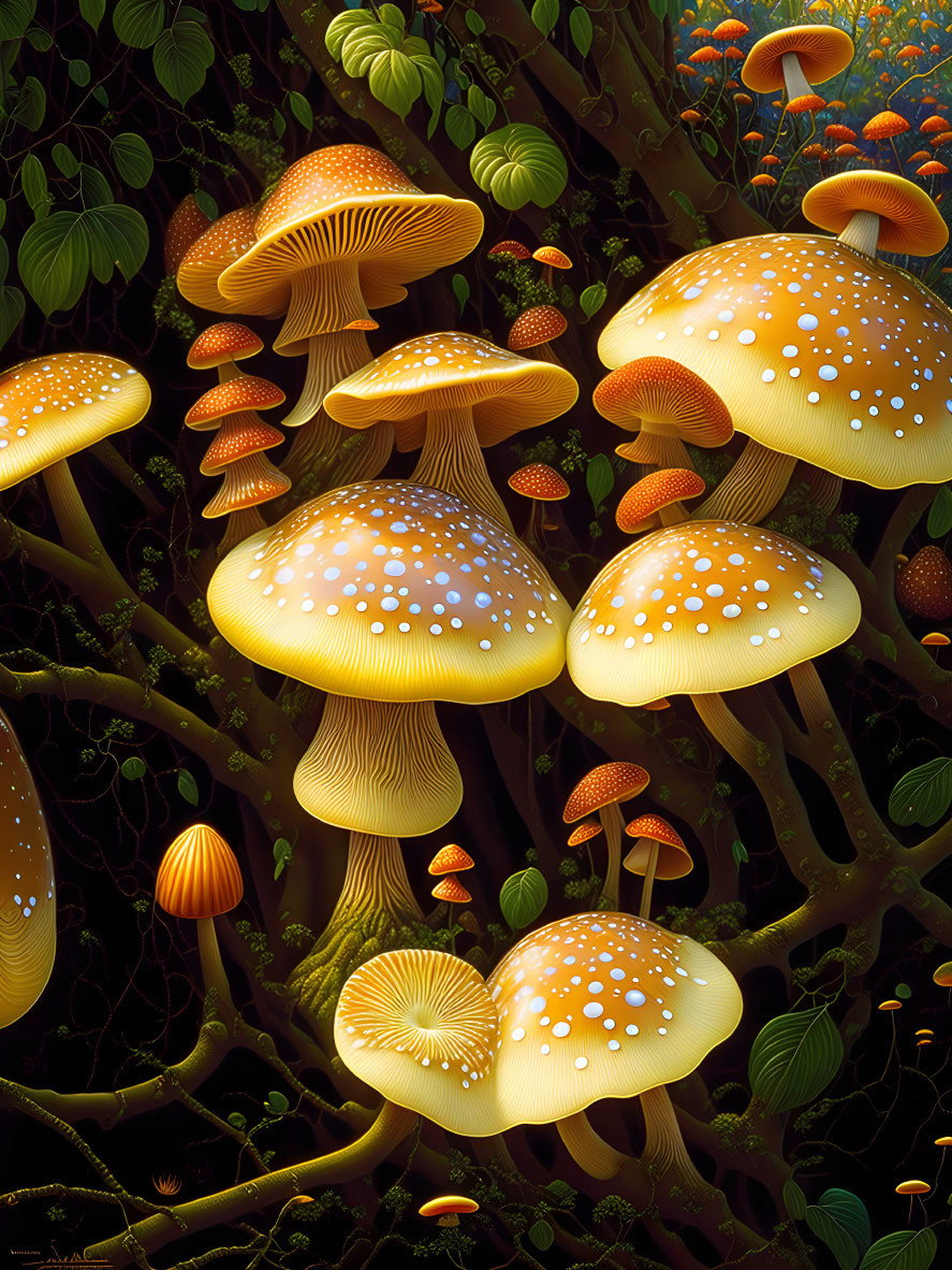 Vibrant digital illustration: fantastical forest with luminescent mushrooms.