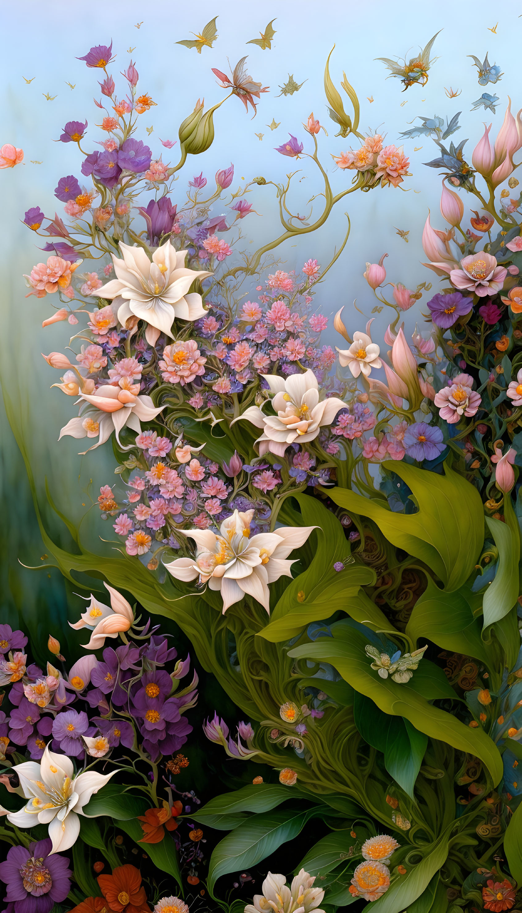 Detailed floral artwork with butterflies on soft blue backdrop