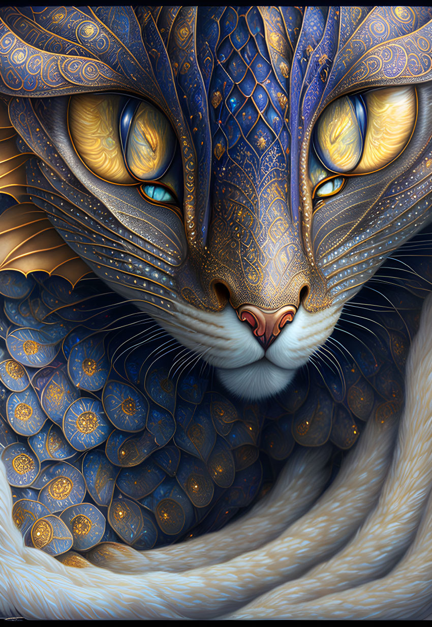 Detailed illustration of a fantastical cat with golden and blue patterns and mesmerizing yellow eyes