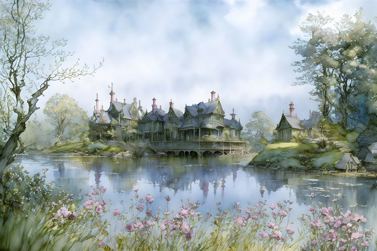 Whimsical watercolor village scene with intricate rooftops and tranquil lake