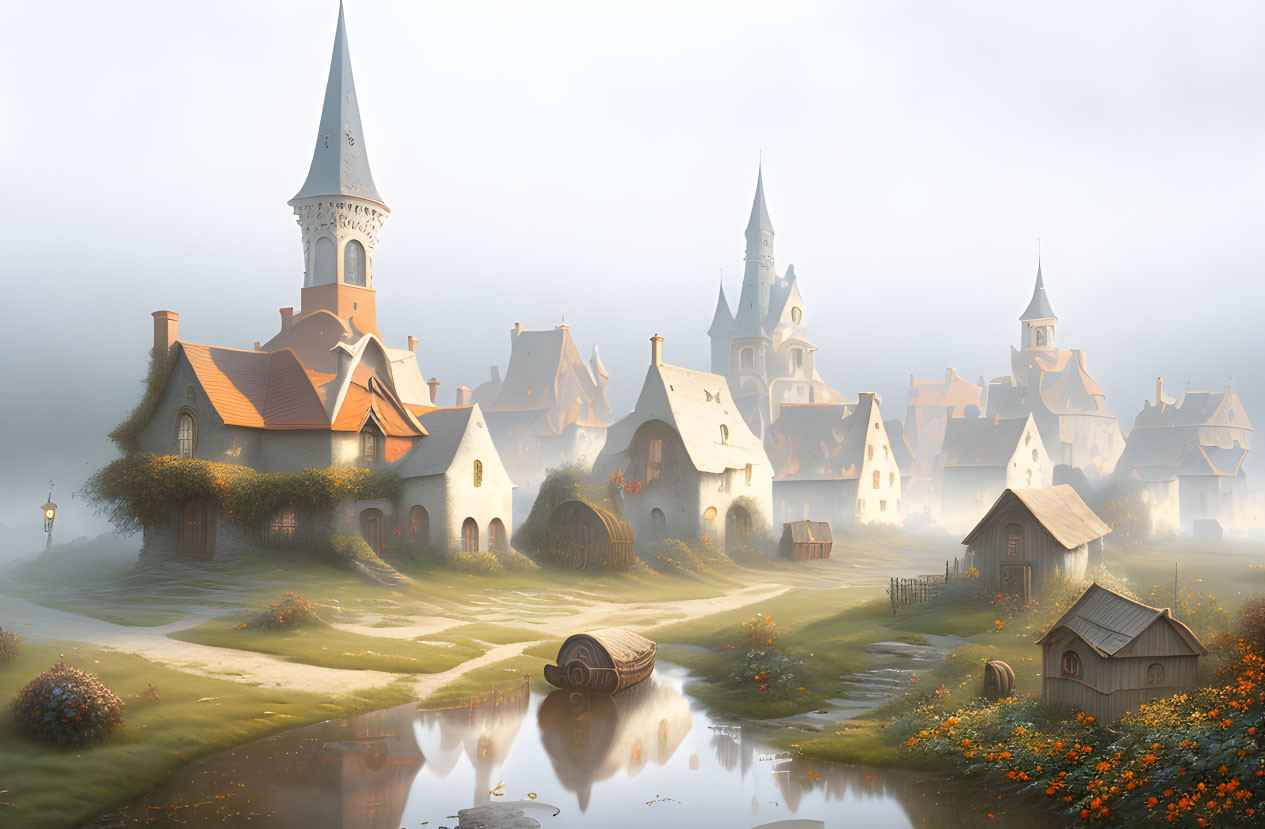 Tranquil fantasy village with thatched-roof cottages and elegant towers in foggy landscape