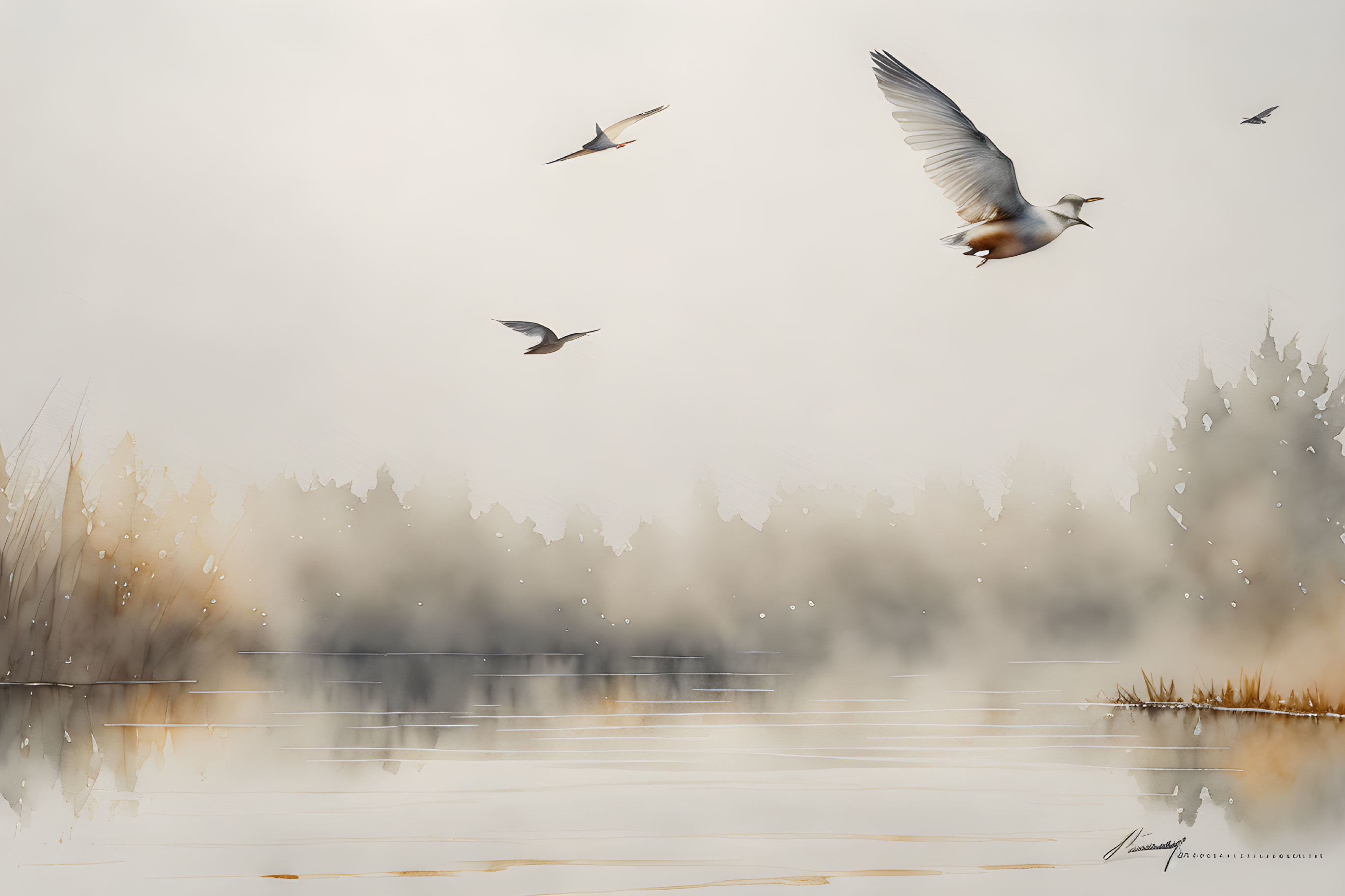 Tranquil watercolor landscape with birds, lake, trees, and mist