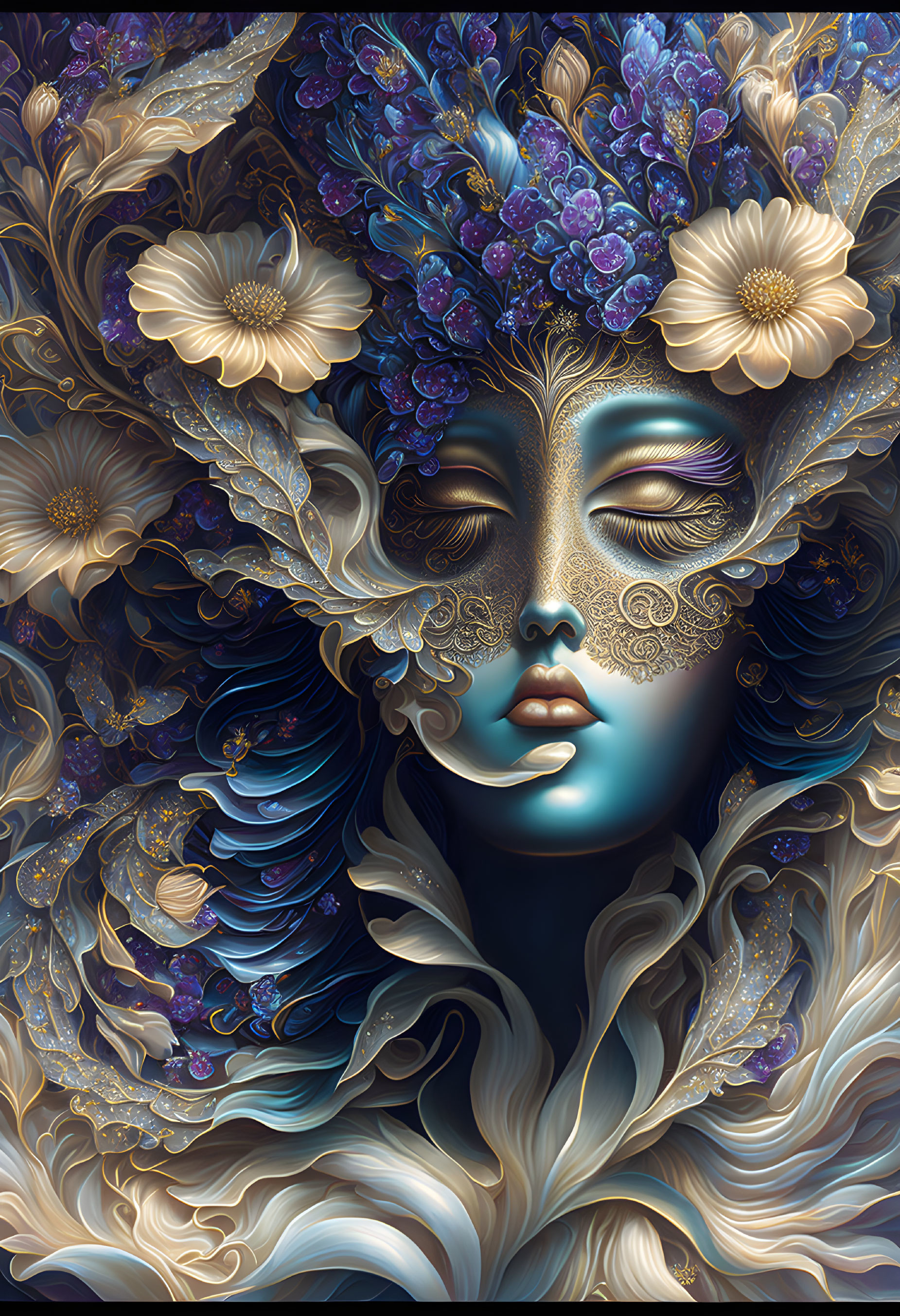 Blue and gold floral design on serene face