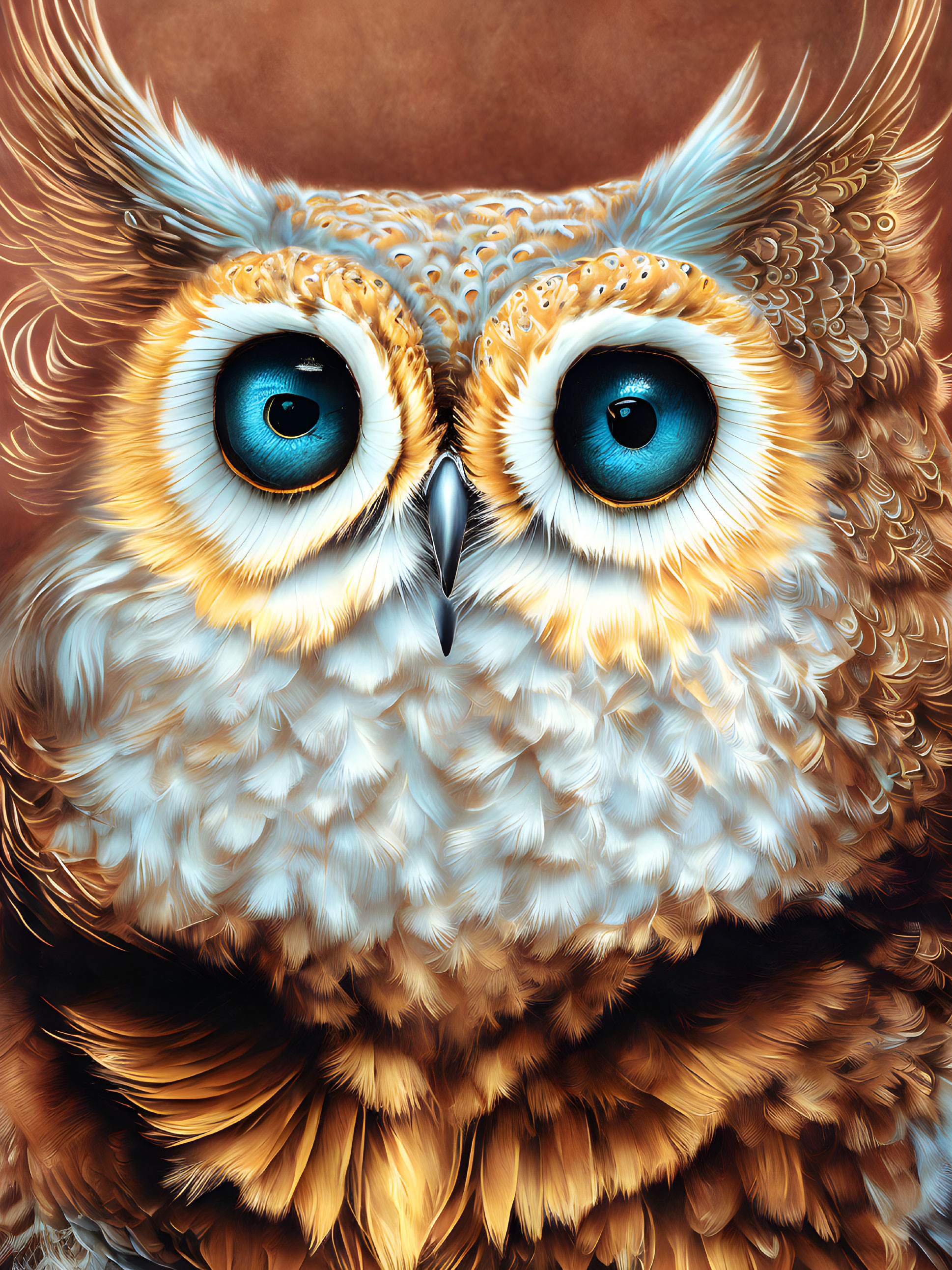 Stylized owl illustration with expressive blue eyes and intricate feathers