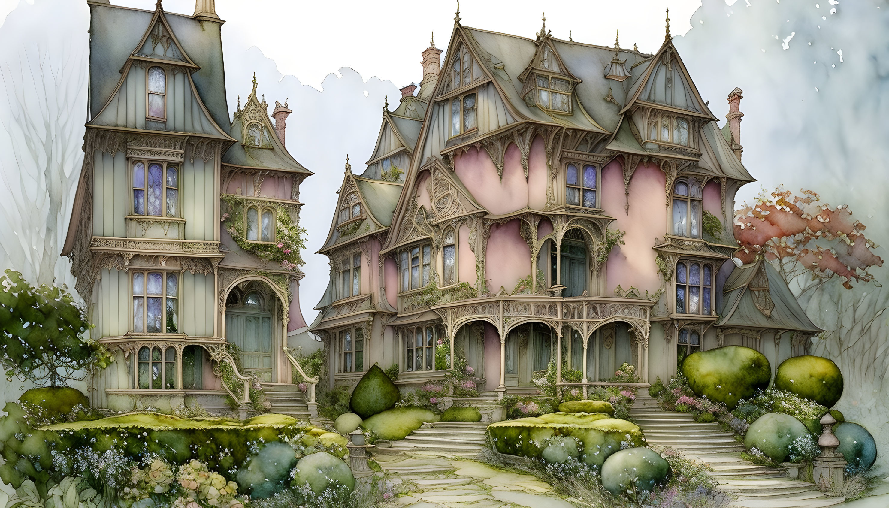 Detailed Victorian-style house illustration in pastel colors with fantasy gardens.