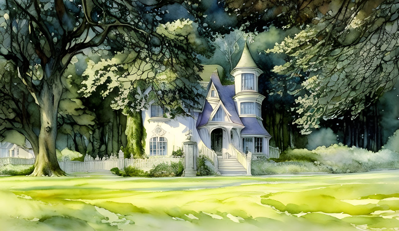 Whimsical watercolor fairy-tale house in lush forest clearing