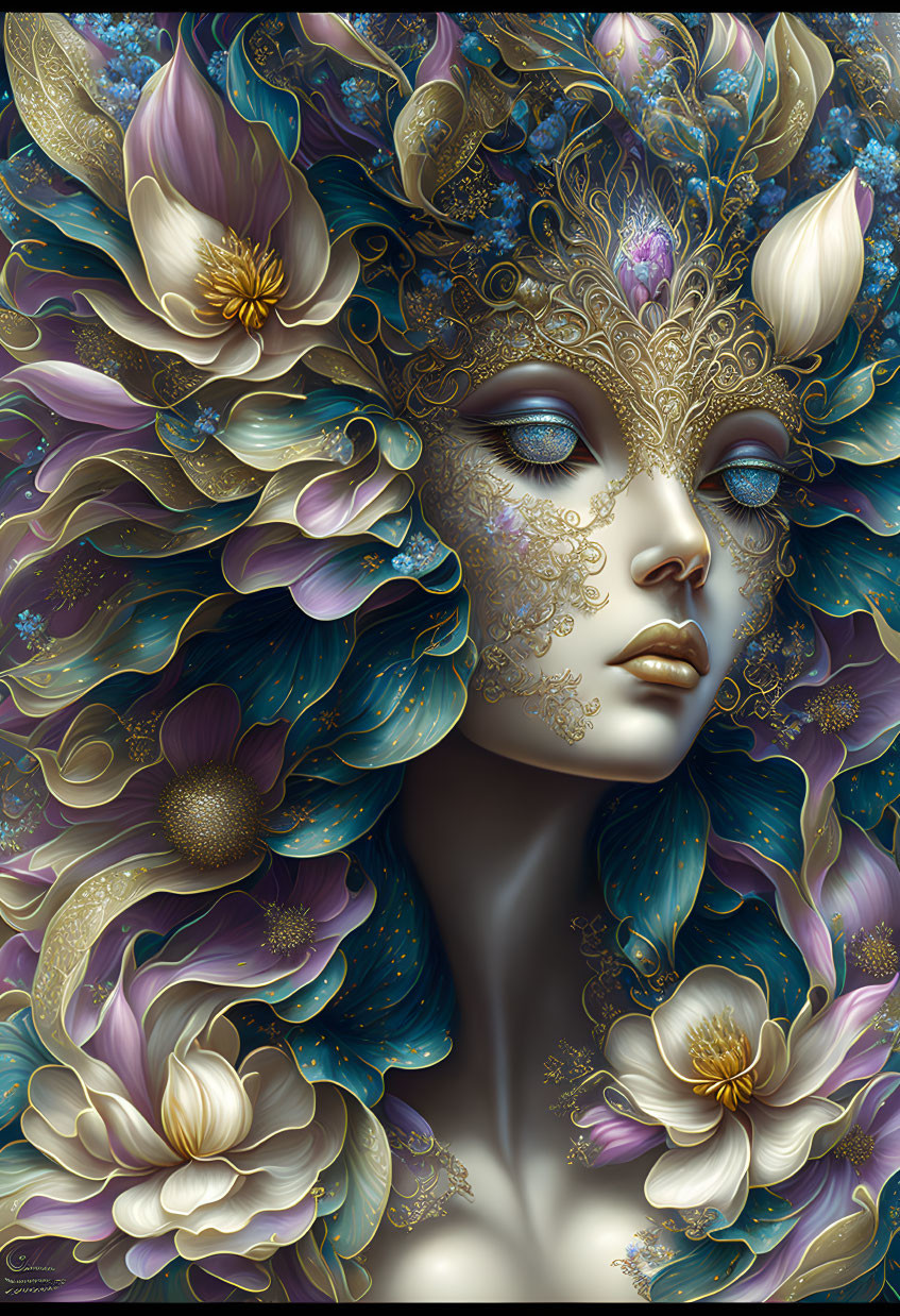 Detailed woman portrait with blue and gold floral mask decoration