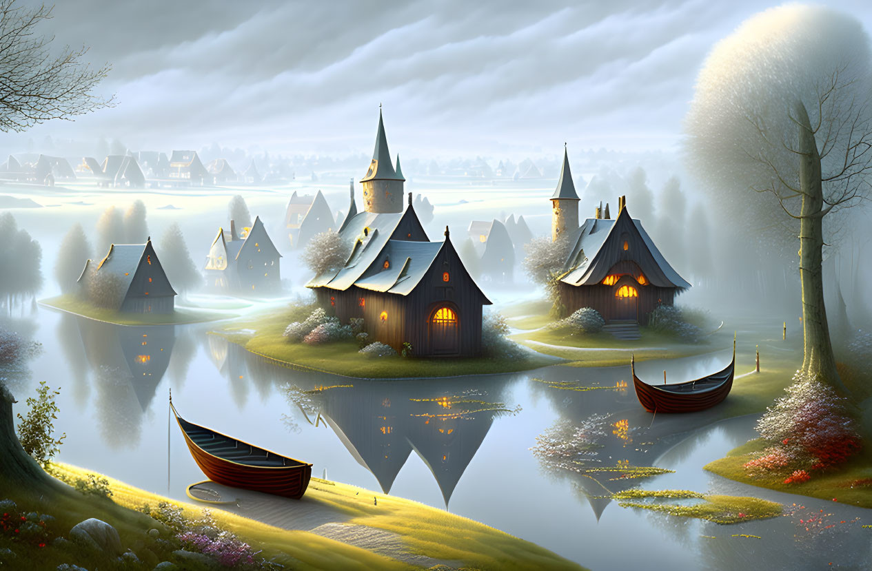 Tranquil fantasy village with thatched-roof houses by reflective lake