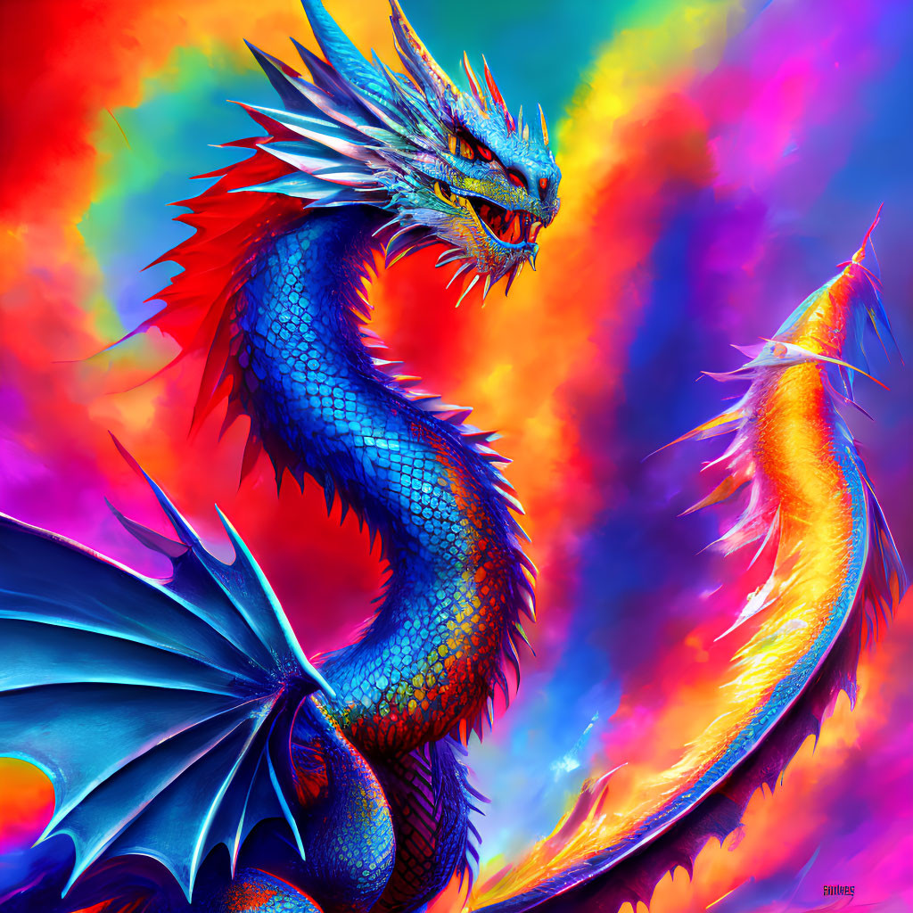 Vibrant digital artwork: Blue and orange dragons in fiery backdrop