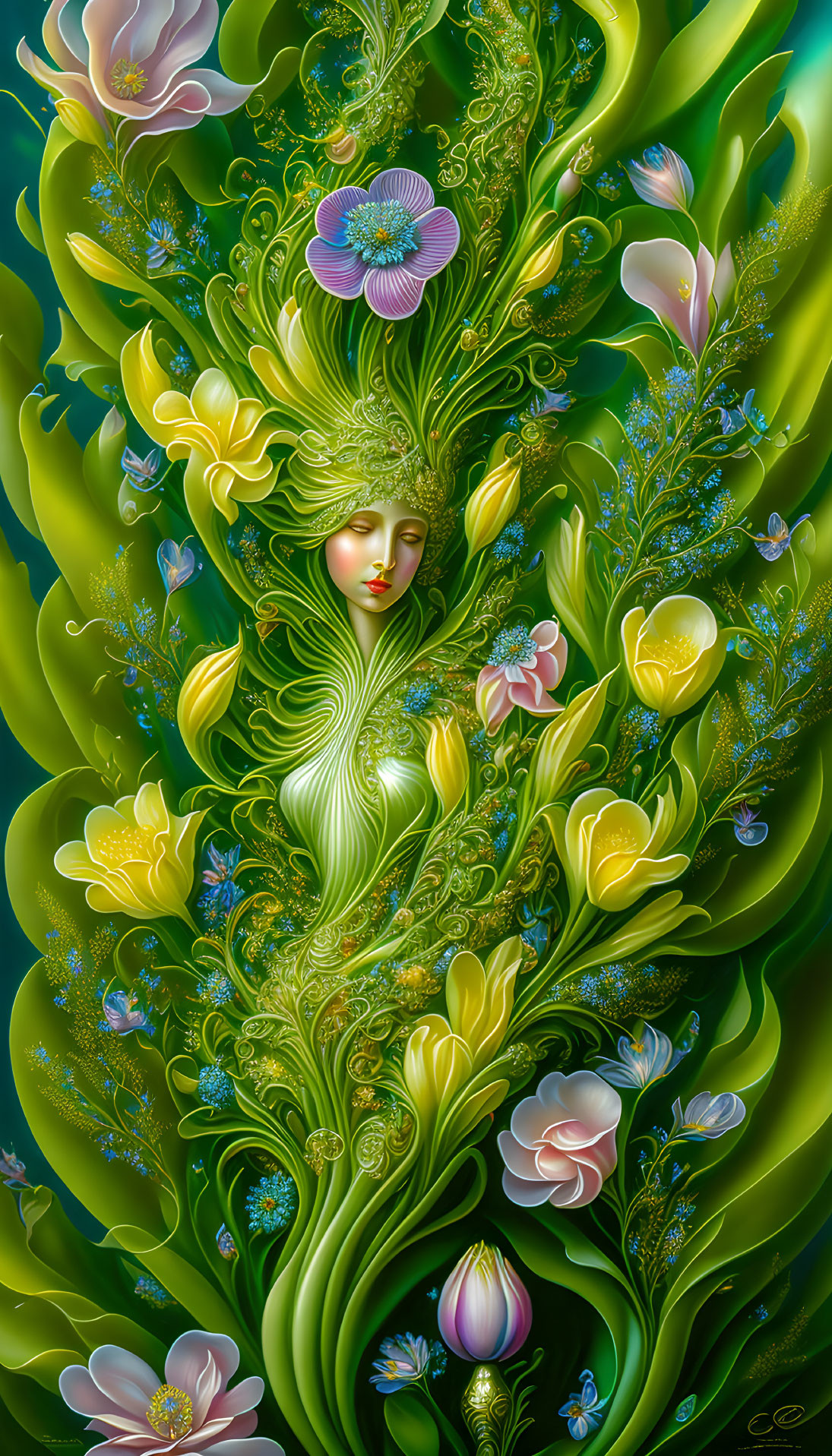 Serene female nature figure with intricate greenery and floral patterns