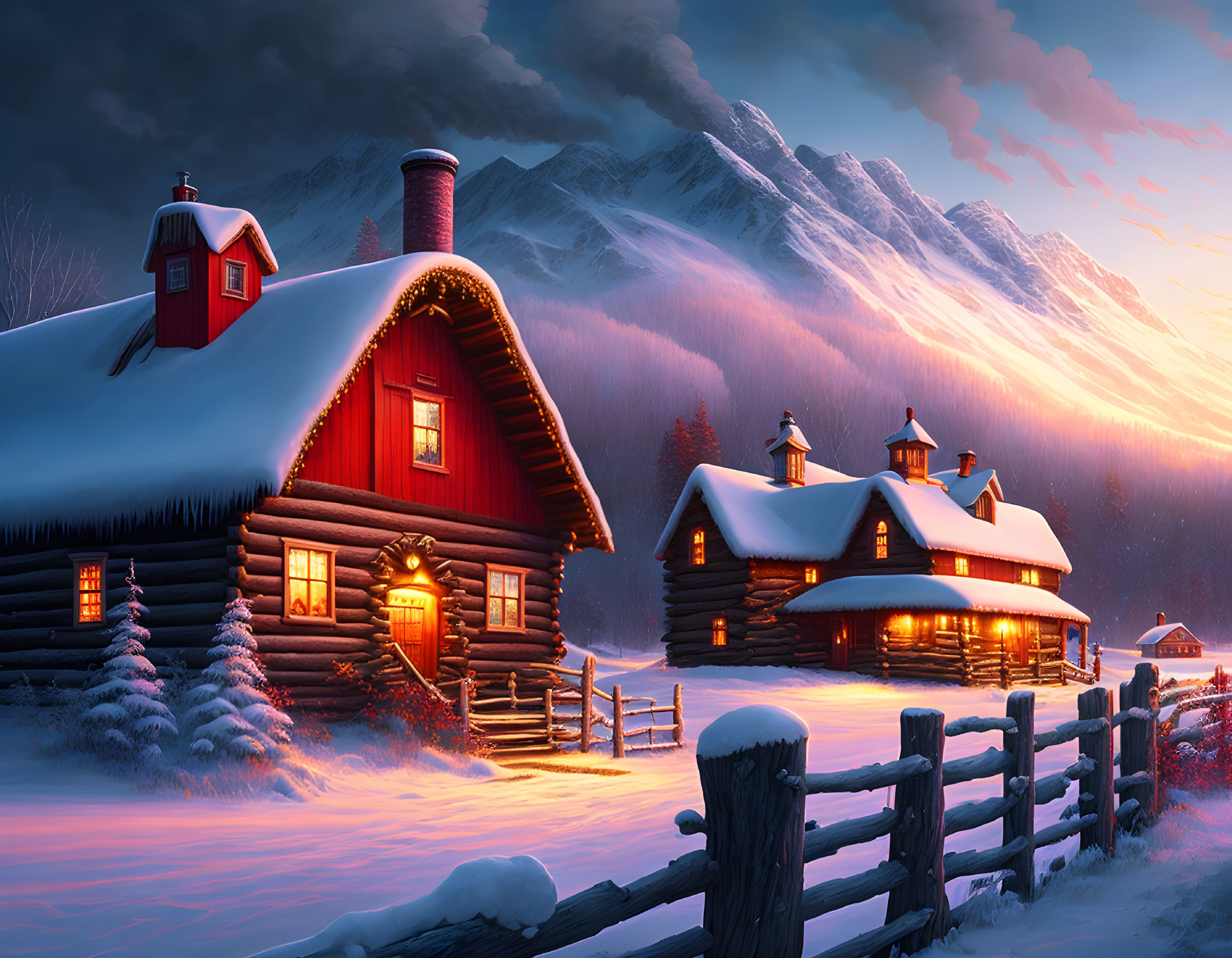 Twilight scene: Snow-covered cabins amid mountains and colorful sky