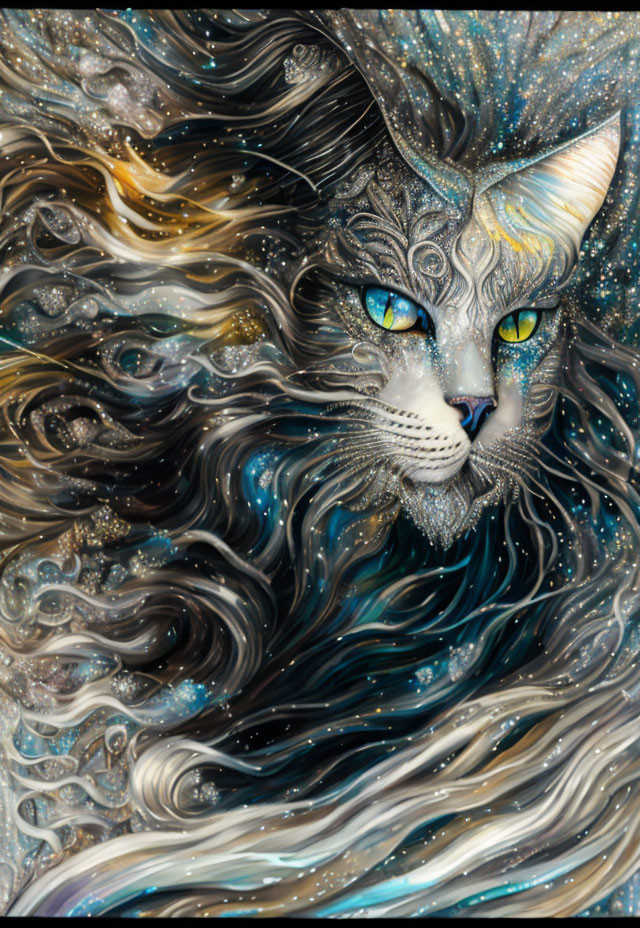 Cosmic-themed cat artwork with swirling patterns and stars in fur