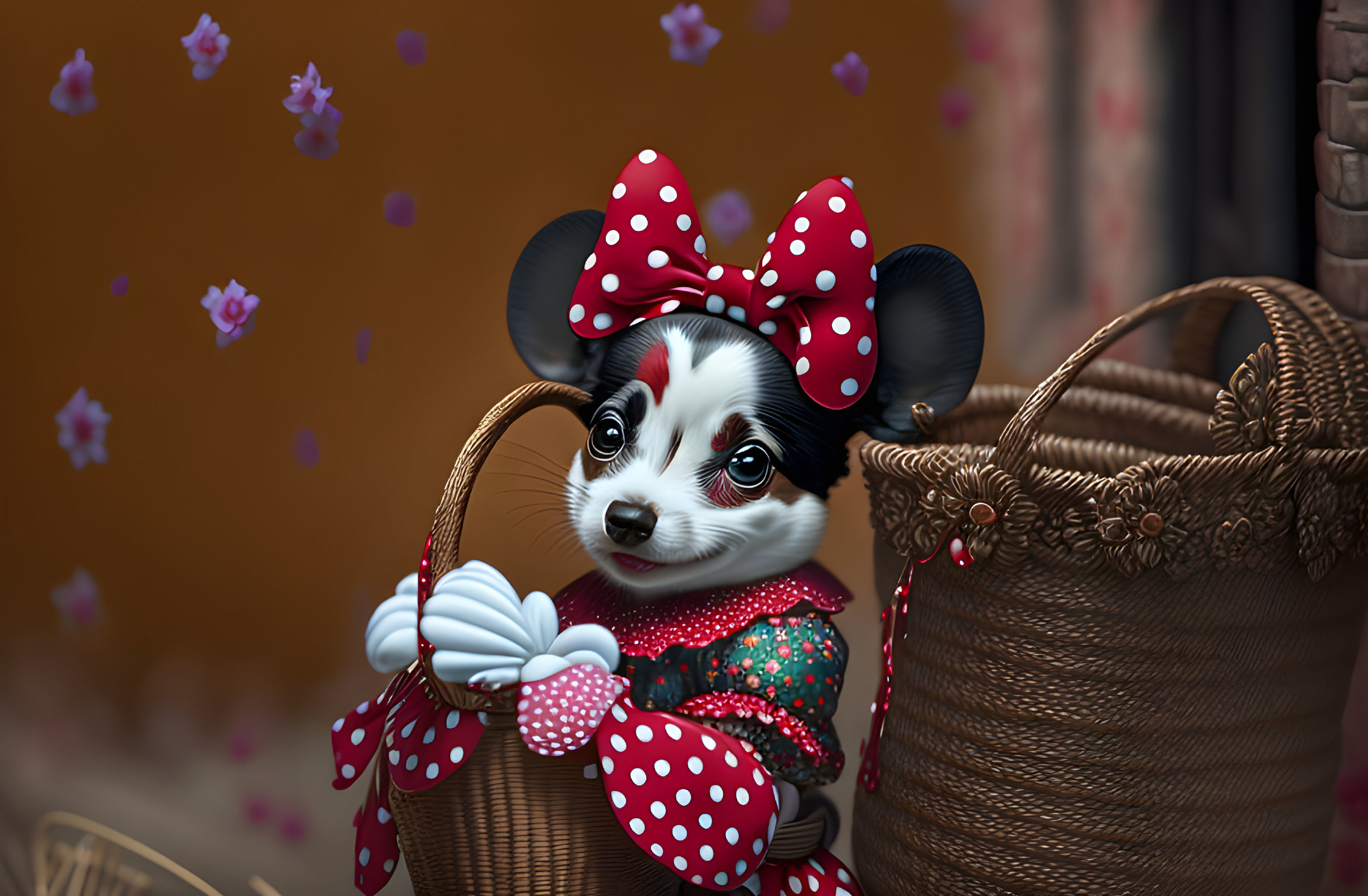 Anthropomorphic female mouse in red polka dot dress peeking from wicker basket surrounded by flowers