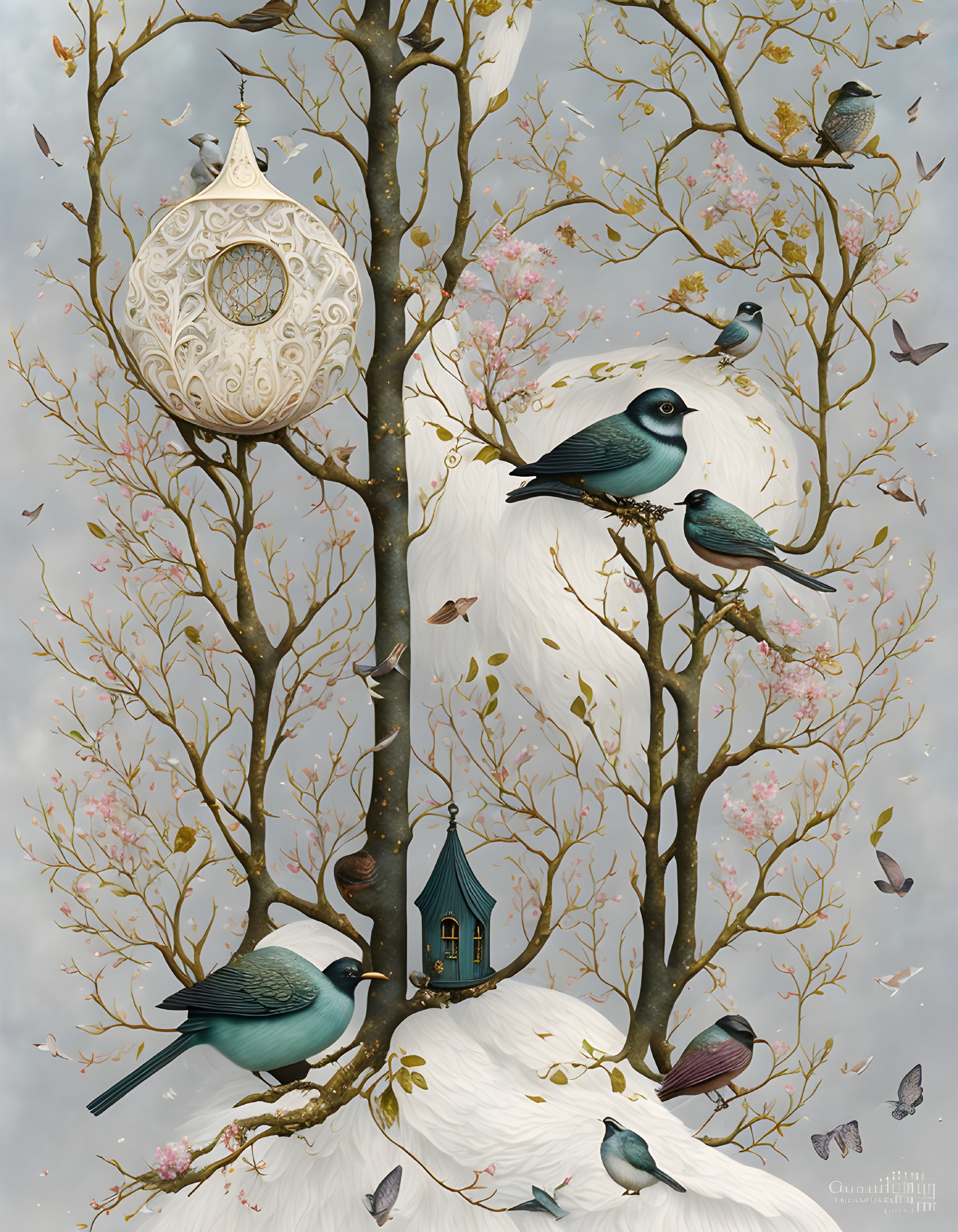 Illustration of oversized birds perched on blooming tree with lantern and tiny house