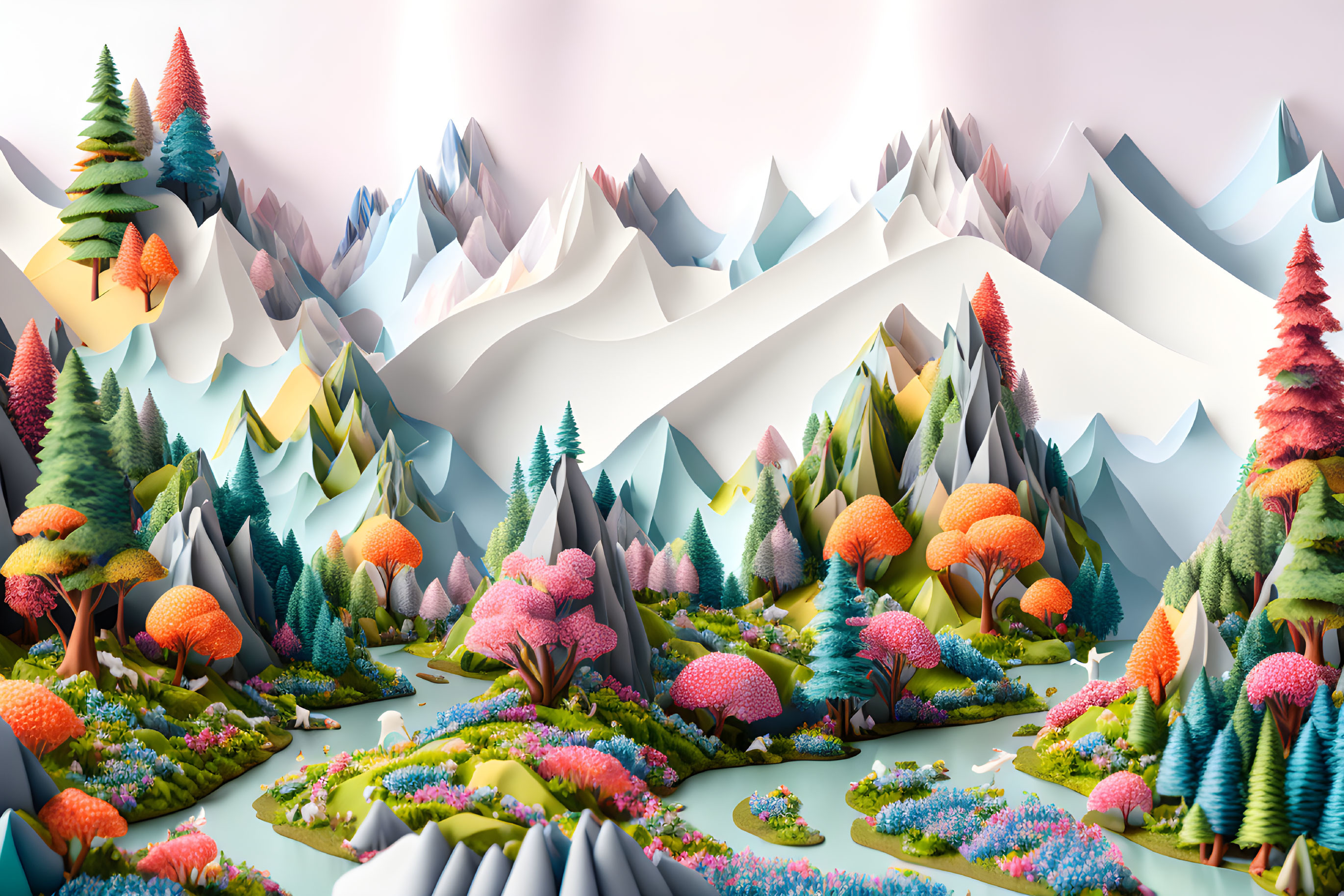 Colorful Geometric Landscape with Mountains