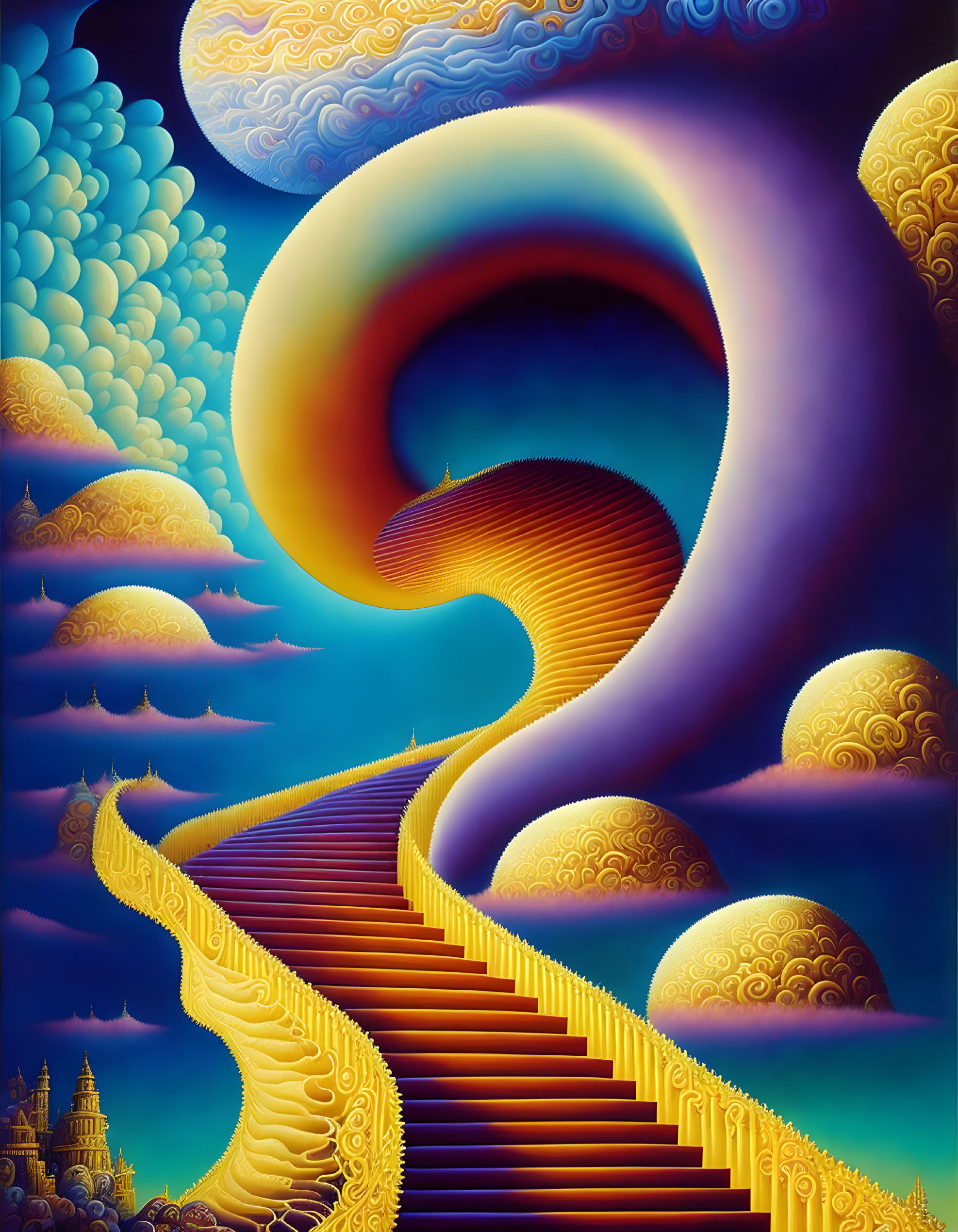 Surreal staircase in celestial realm with whimsical clouds and mystical structures