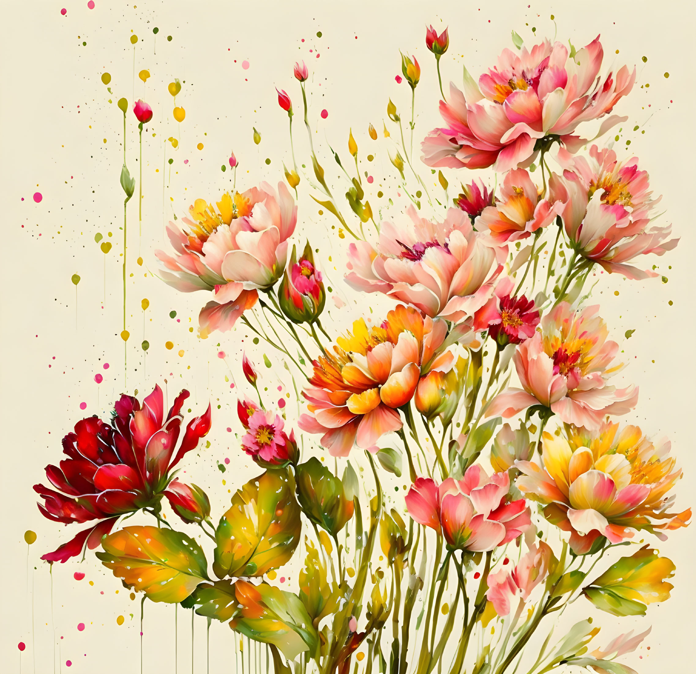 Colorful Flower Illustration with Paint Splashes on Light Background