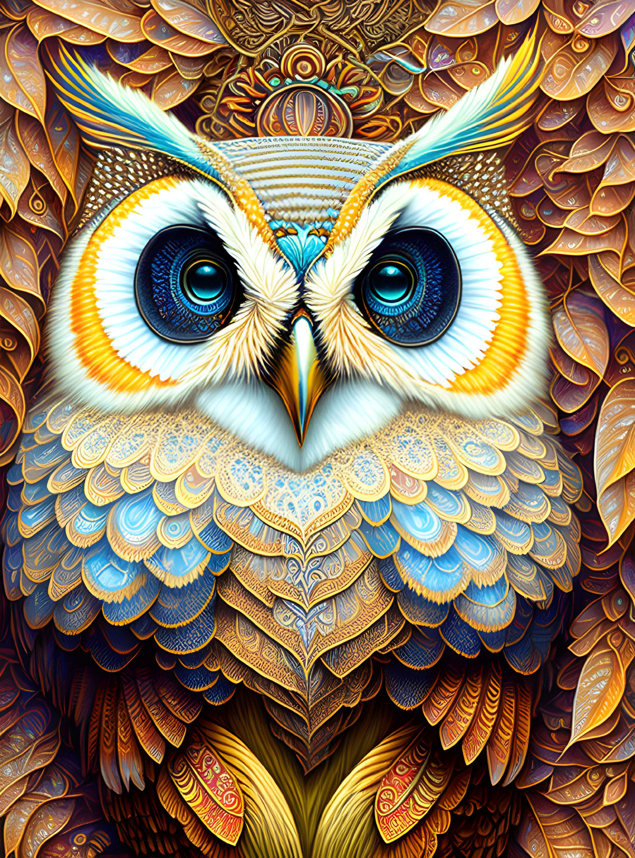 Colorful Stylized Owl Illustration with Blue Eyes and Feathers Tapestry