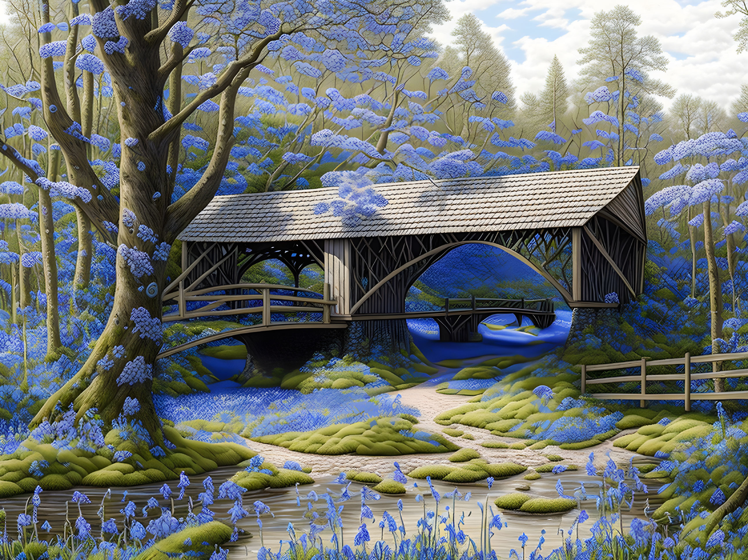 Tranquil landscape with wooden covered bridge and blooming blue flowers