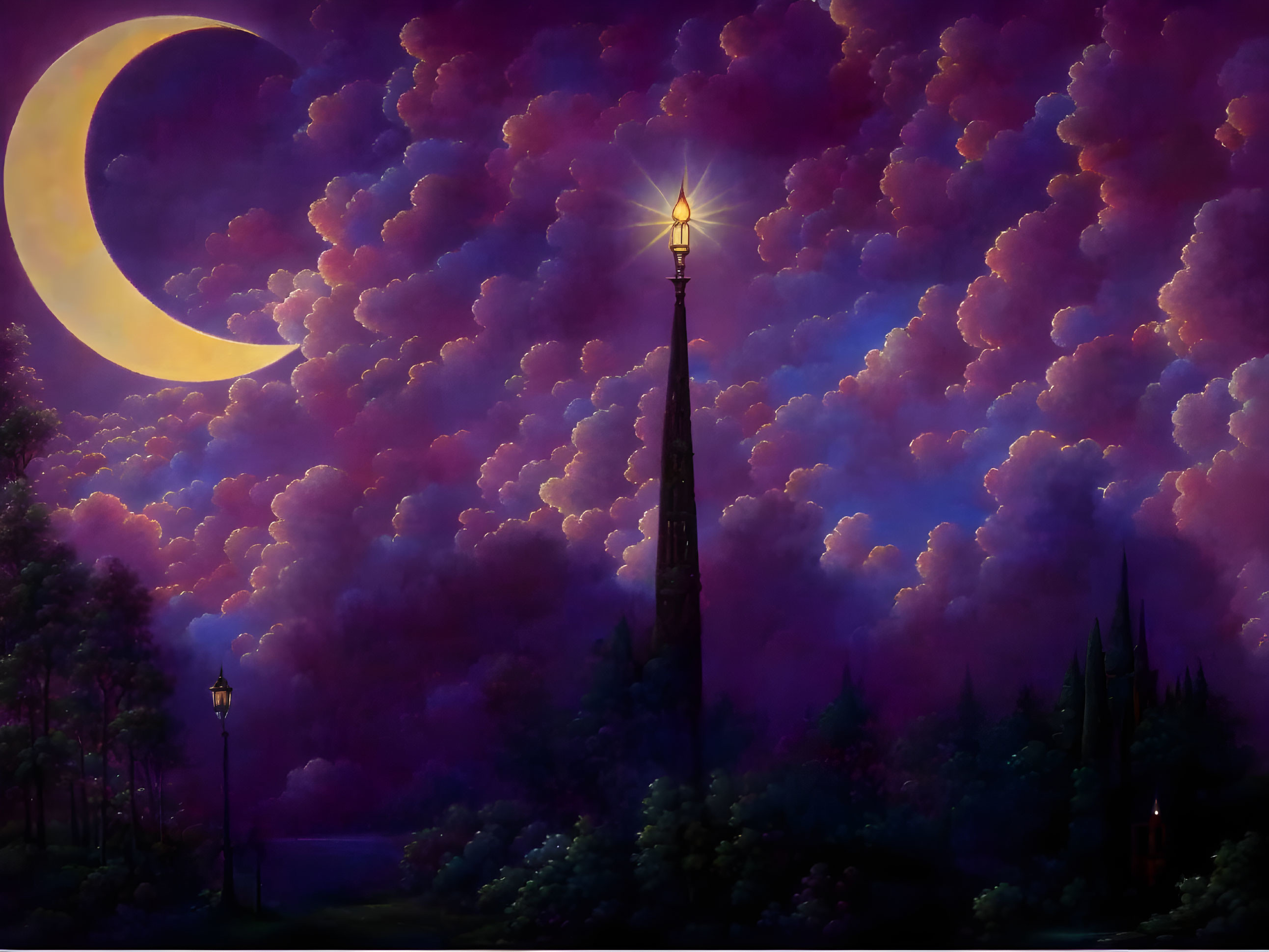 Whimsical night scene with towering spire, purple clouds, glowing star, crescent moon