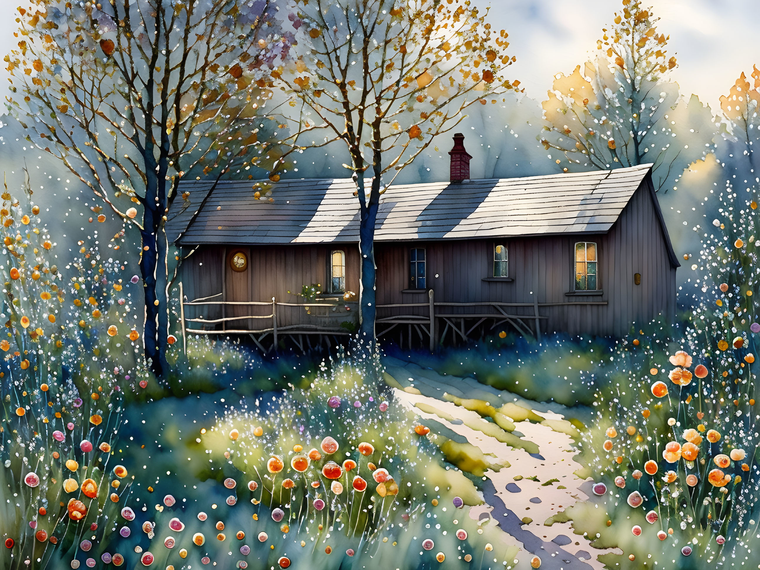 Autumnal wooden cottage surrounded by blooming flowers and snowflakes