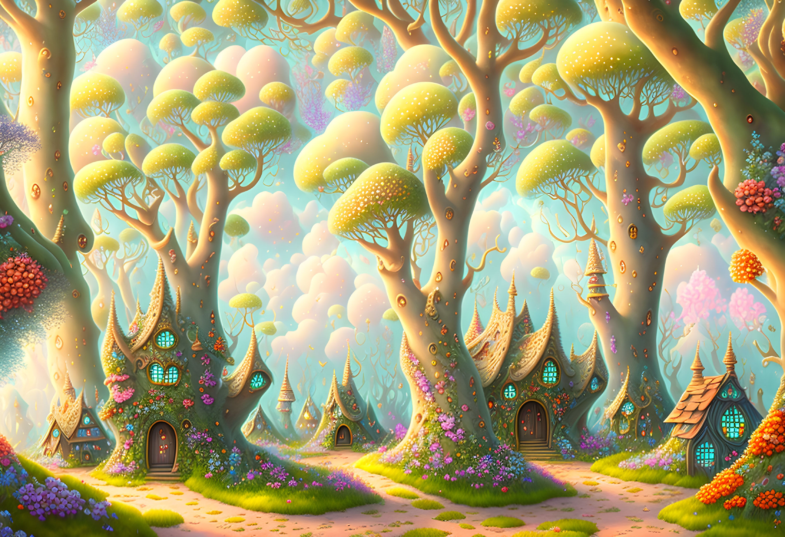 Enchanting forest scene with whimsical trees and fairy-tale cottages