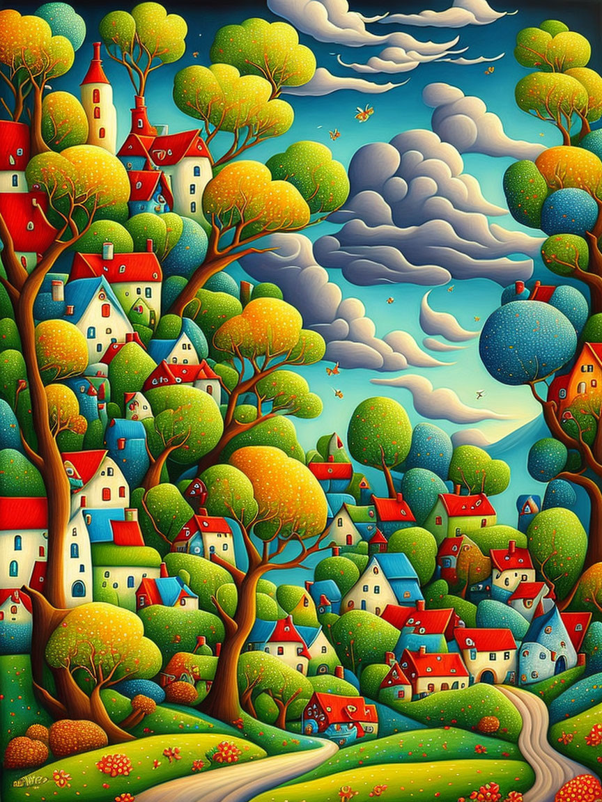 Colorful Whimsical Landscape with Vibrant Village and Playful Sky