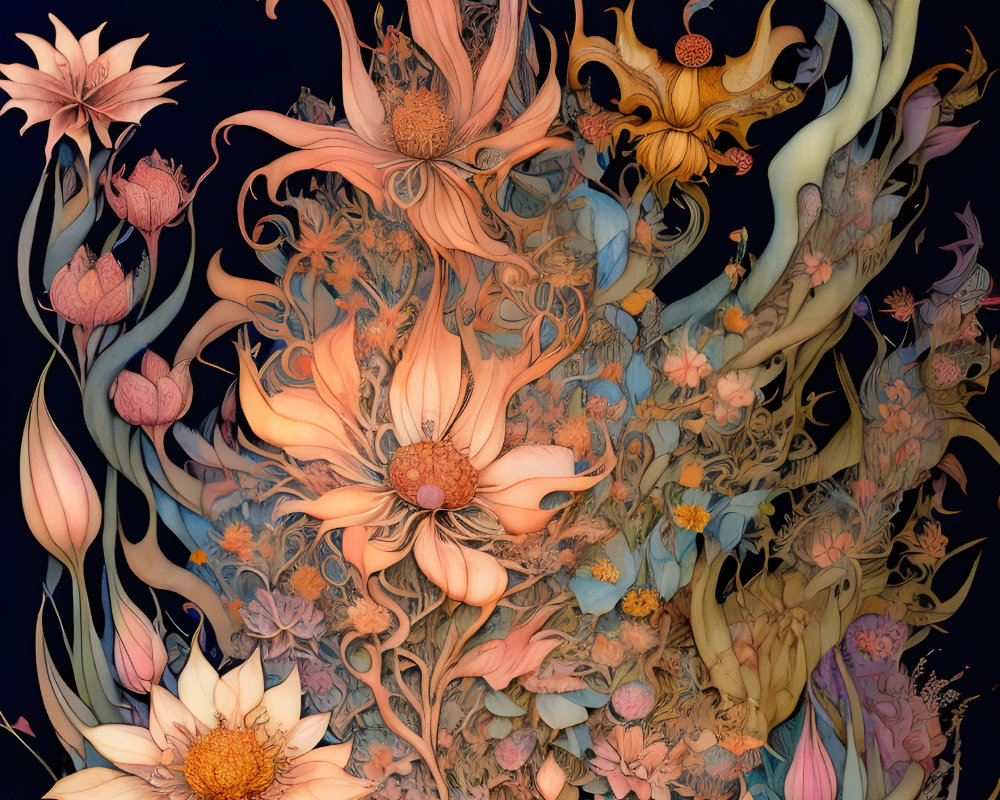 Detailed whimsical flora illustration in warm hues against night sky