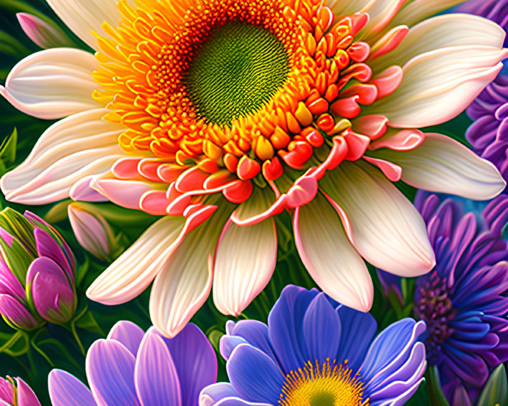 Colorful bouquet with white and yellow daisy, pink, blue, and purple flowers.