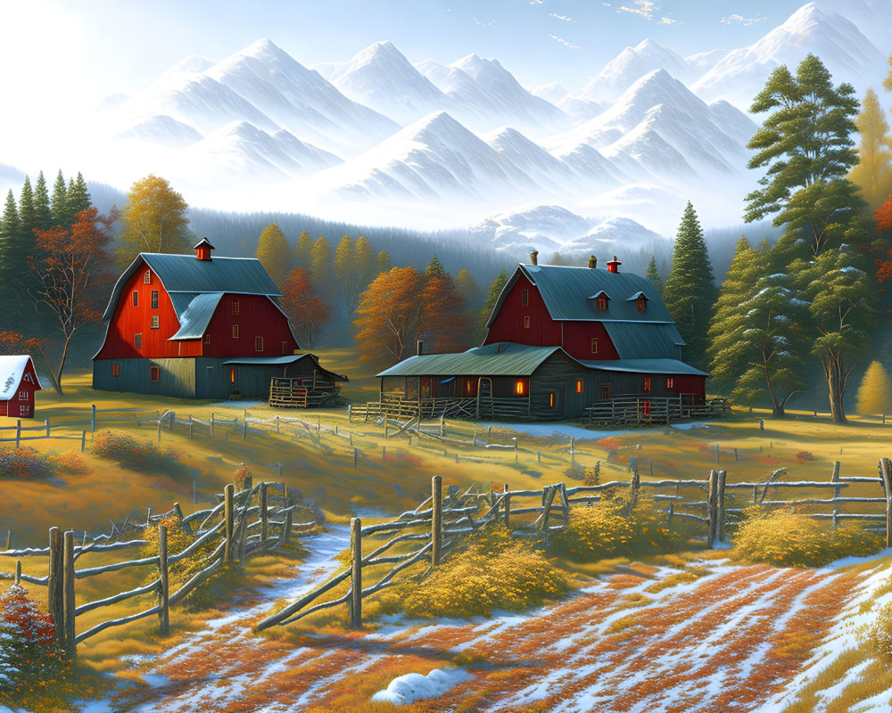 Tranquil autumn scene with red farmhouses, golden trees, and snow-capped mountains