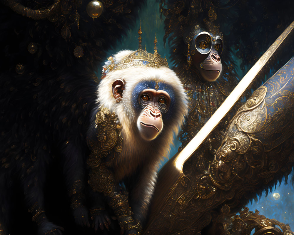 Regal monkeys with crowns and sword in ornate digital art