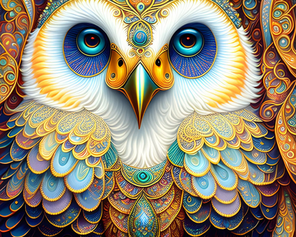 Colorful Owl Illustration with Detailed Patterns and Expressive Eyes