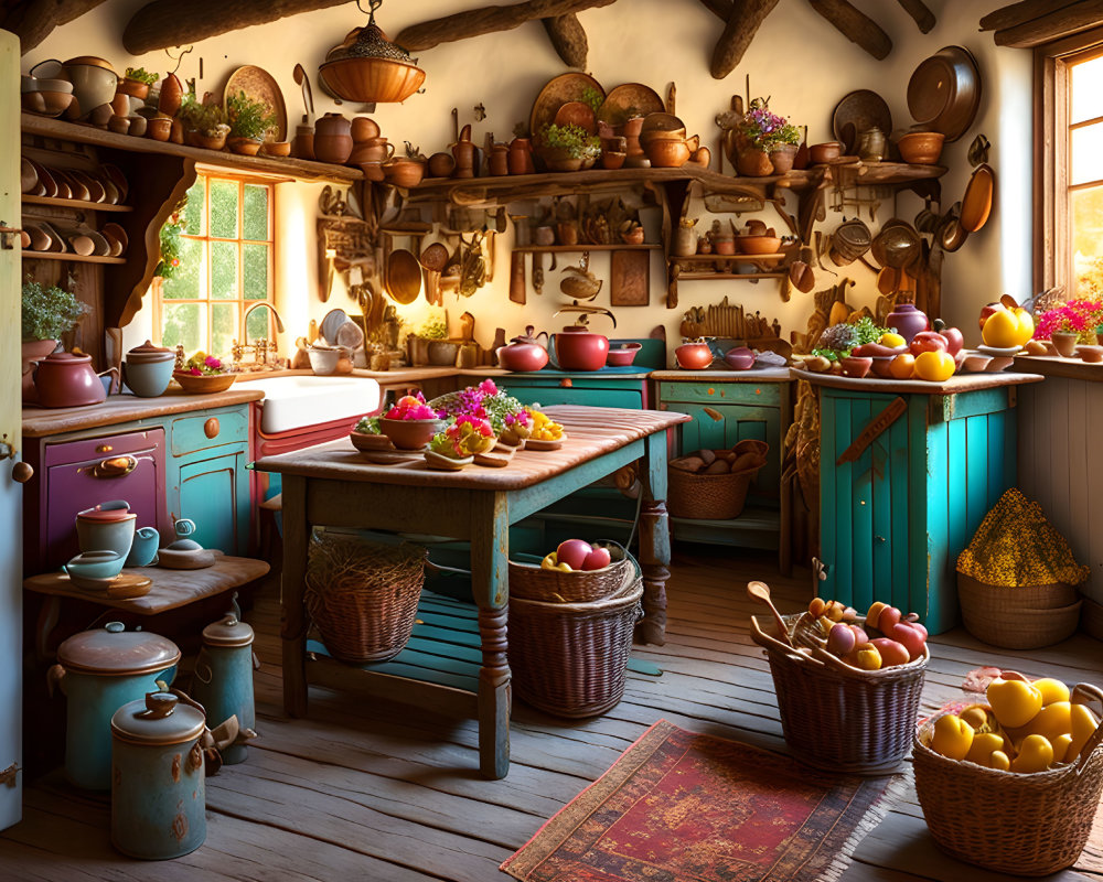 Rustic Kitchen with Wooden Furniture and Copper Pots