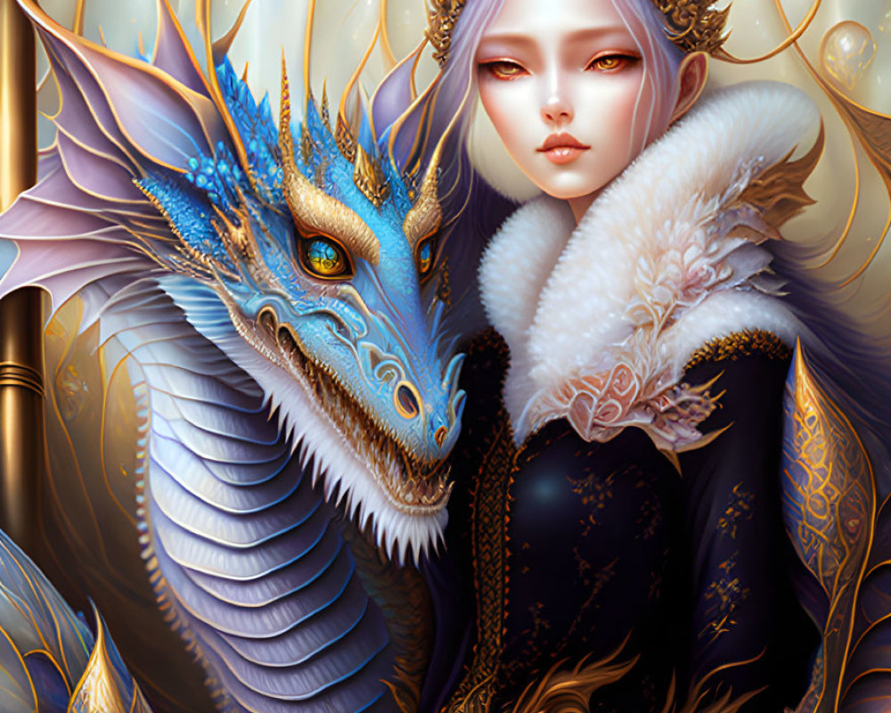 Illustrated queen with silver hair and blue dragon wearing golden crowns