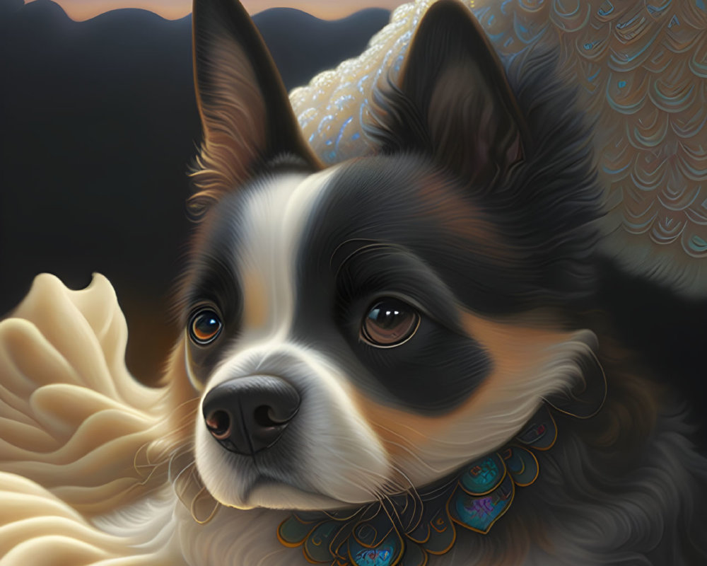 Detailed black and white dog illustration with blue collar on twilight sky backdrop