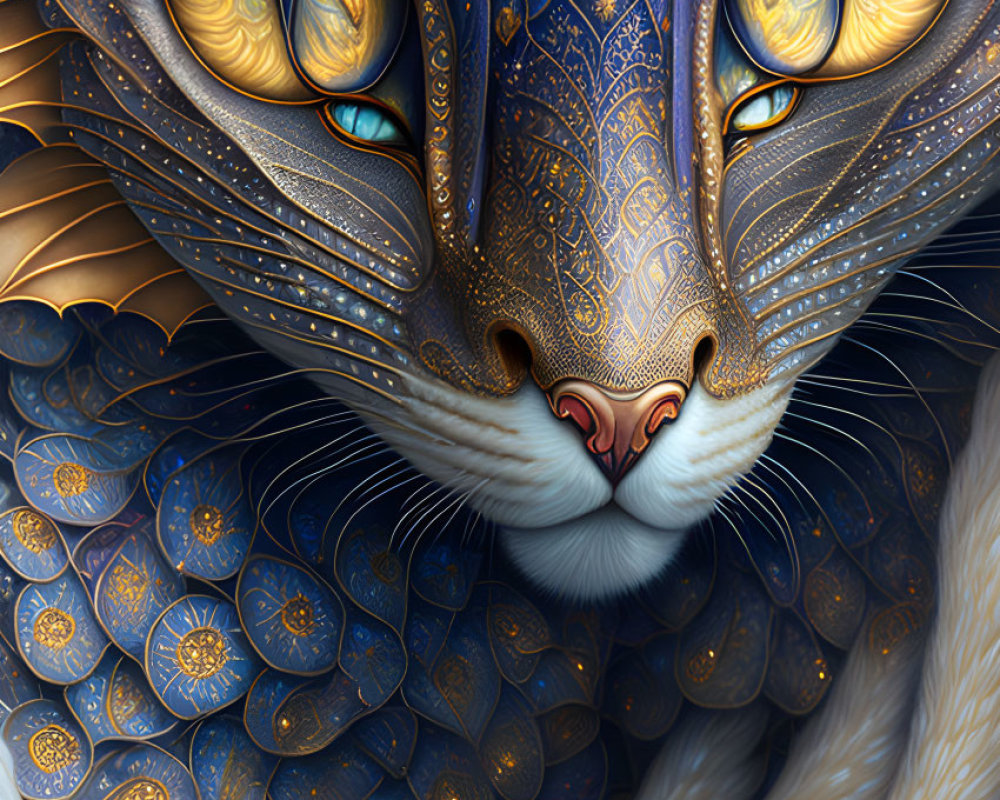 Detailed illustration of a fantastical cat with golden and blue patterns and mesmerizing yellow eyes