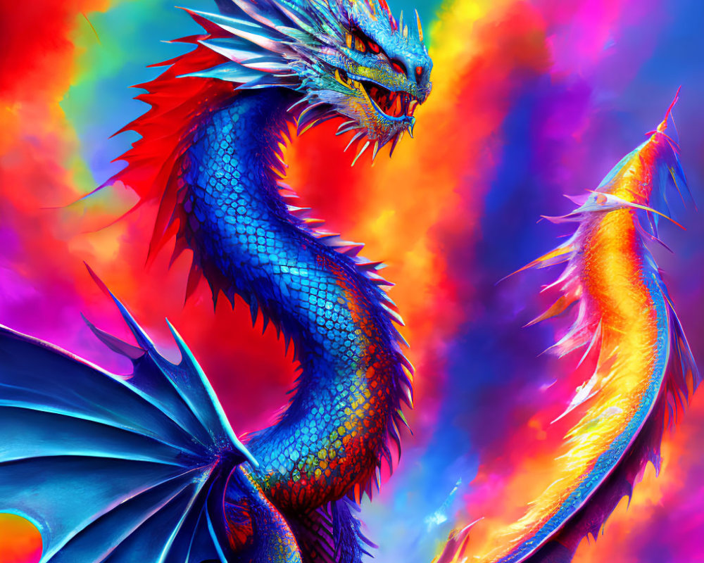 Vibrant digital artwork: Blue and orange dragons in fiery backdrop