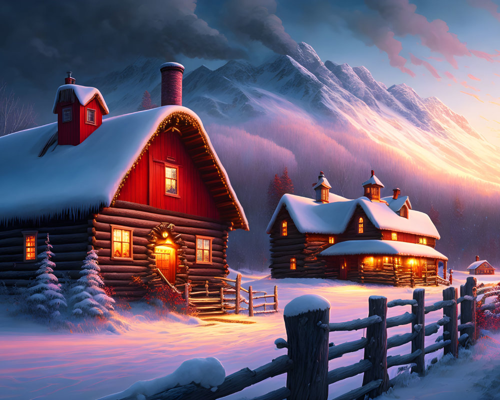 Twilight scene: Snow-covered cabins amid mountains and colorful sky