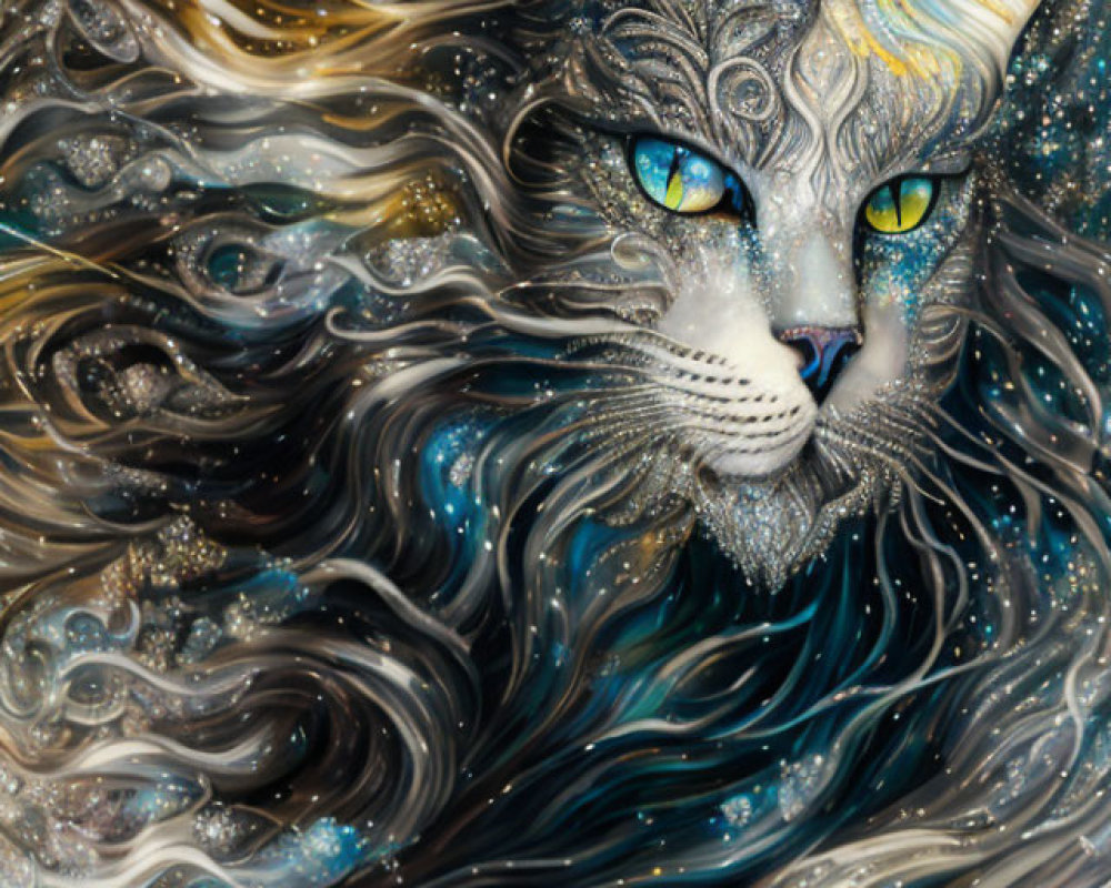 Cosmic-themed cat artwork with swirling patterns and stars in fur