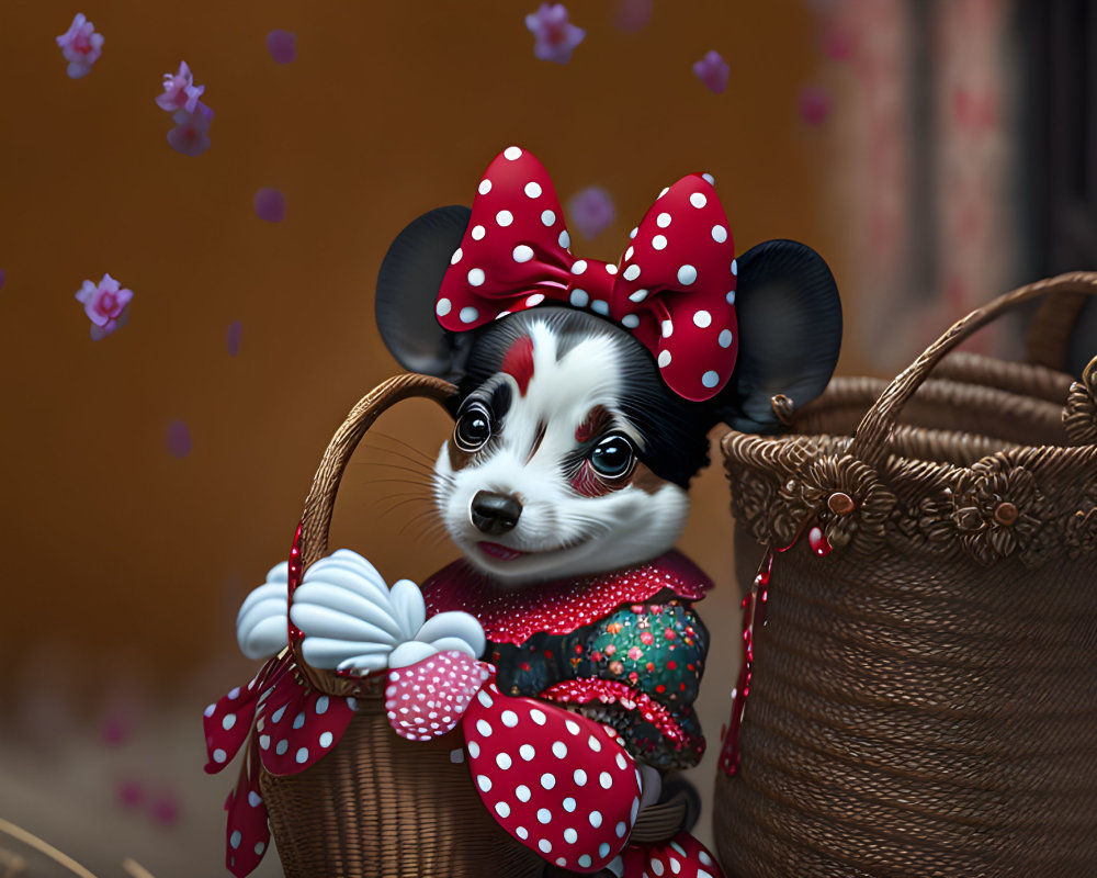 Anthropomorphic female mouse in red polka dot dress peeking from wicker basket surrounded by flowers