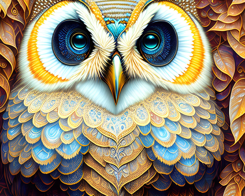 Colorful Stylized Owl Illustration with Blue Eyes and Feathers Tapestry