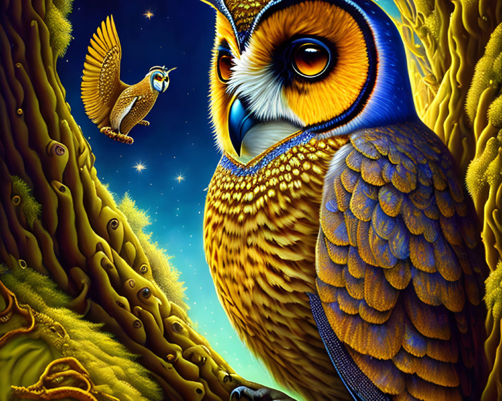 Colorful Owl Illustration with Detailed Feathers on Branch and Starry Sky Background